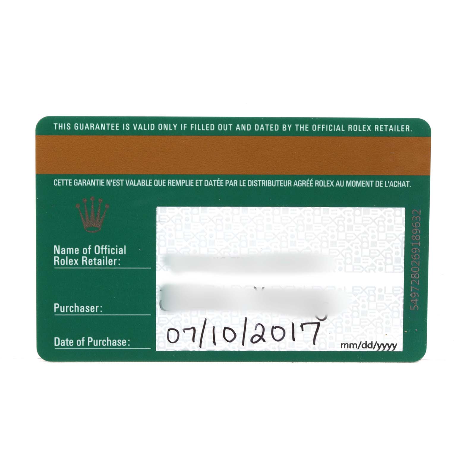 The image shows a warranty card for the Rolex Explorer 216570 Men's Stainless Steel White Dial model, featuring purchase details.