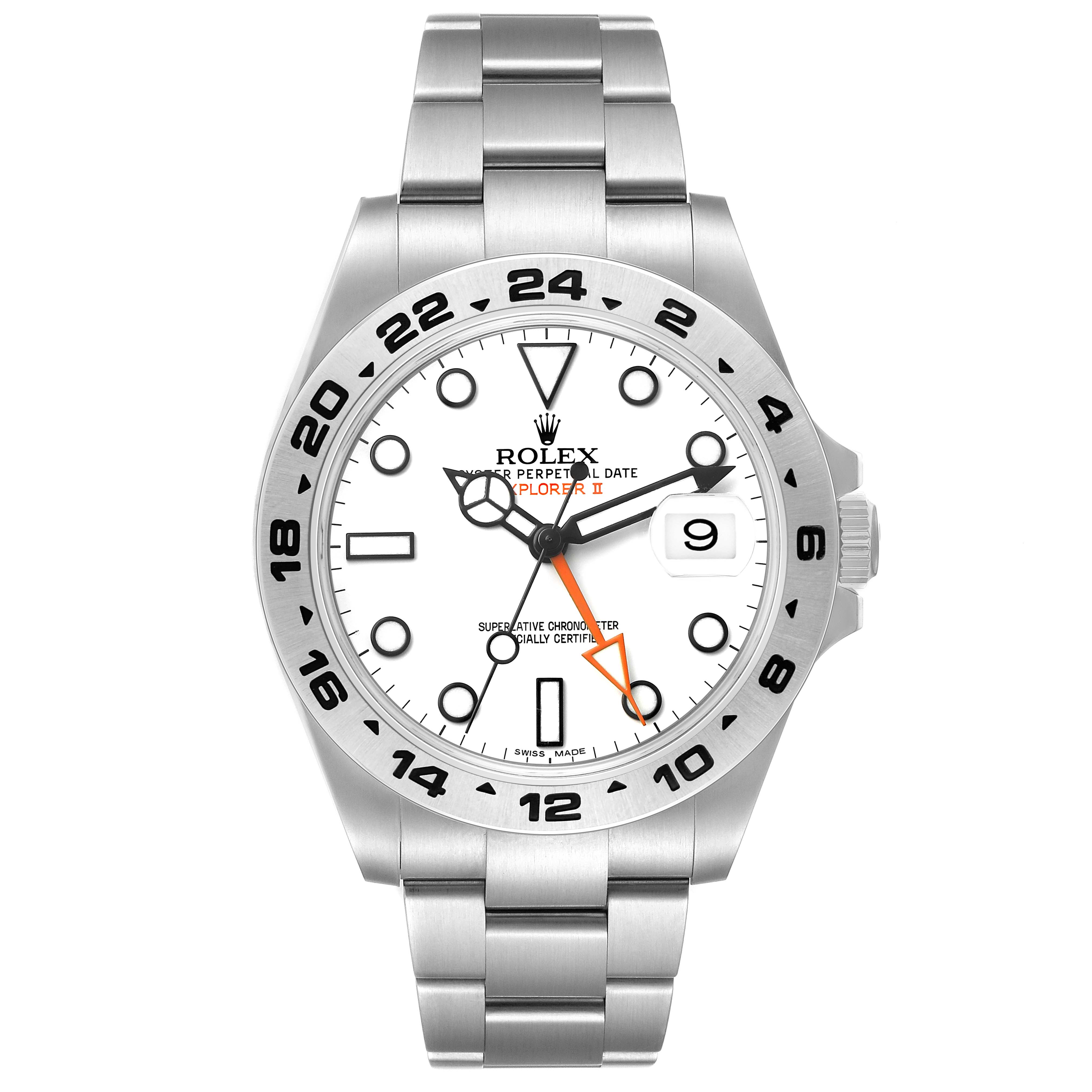 The image shows a front view of the Rolex Explorer 216570 Men's Stainless Steel White Dial II watch, highlighting the bezel, dial, hands, bracelet, and date display.