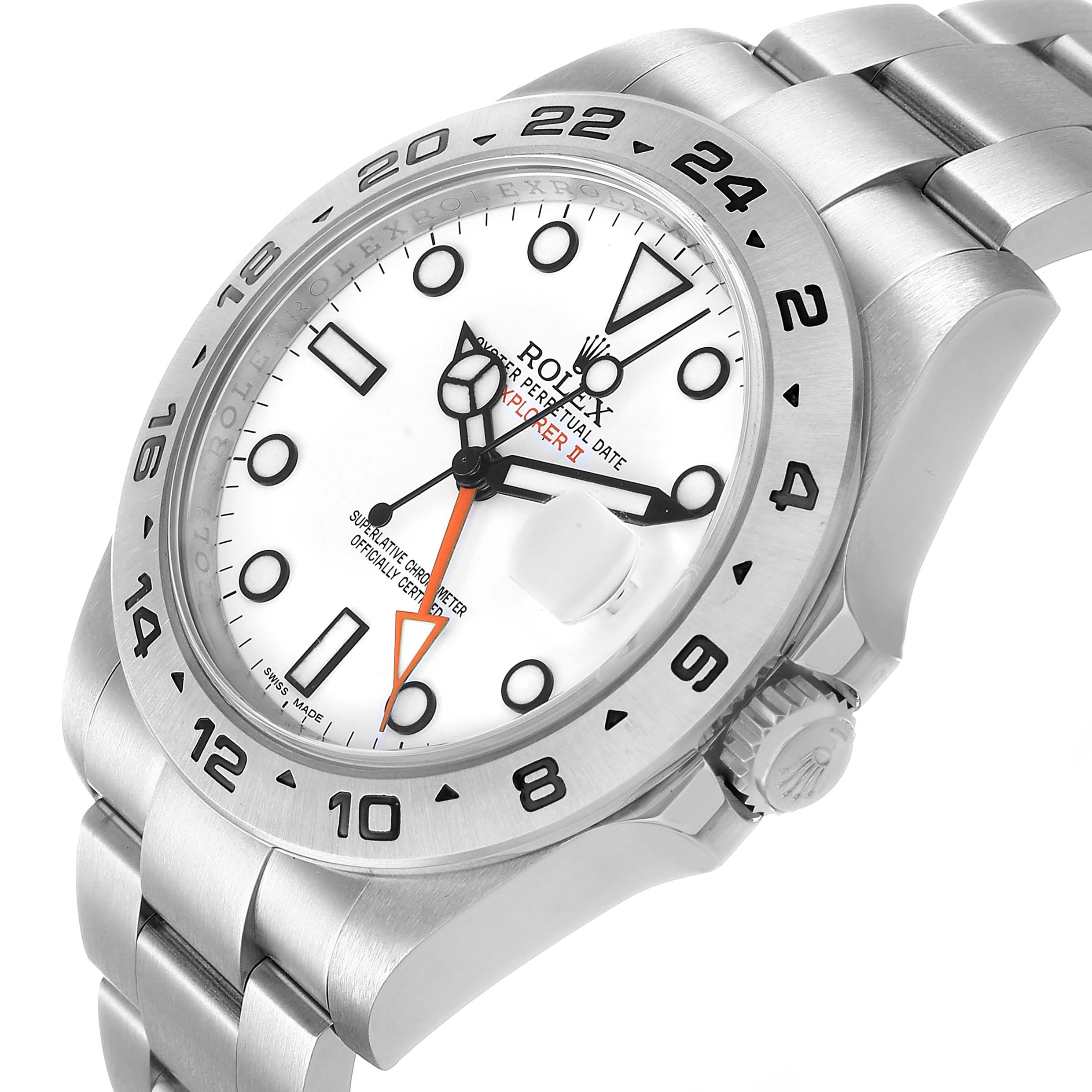 This image shows the Rolex Explorer 216570 Men's Stainless Steel White Dial II watch from a front-side angle, highlighting the face, bezel, crown, and bracelet.