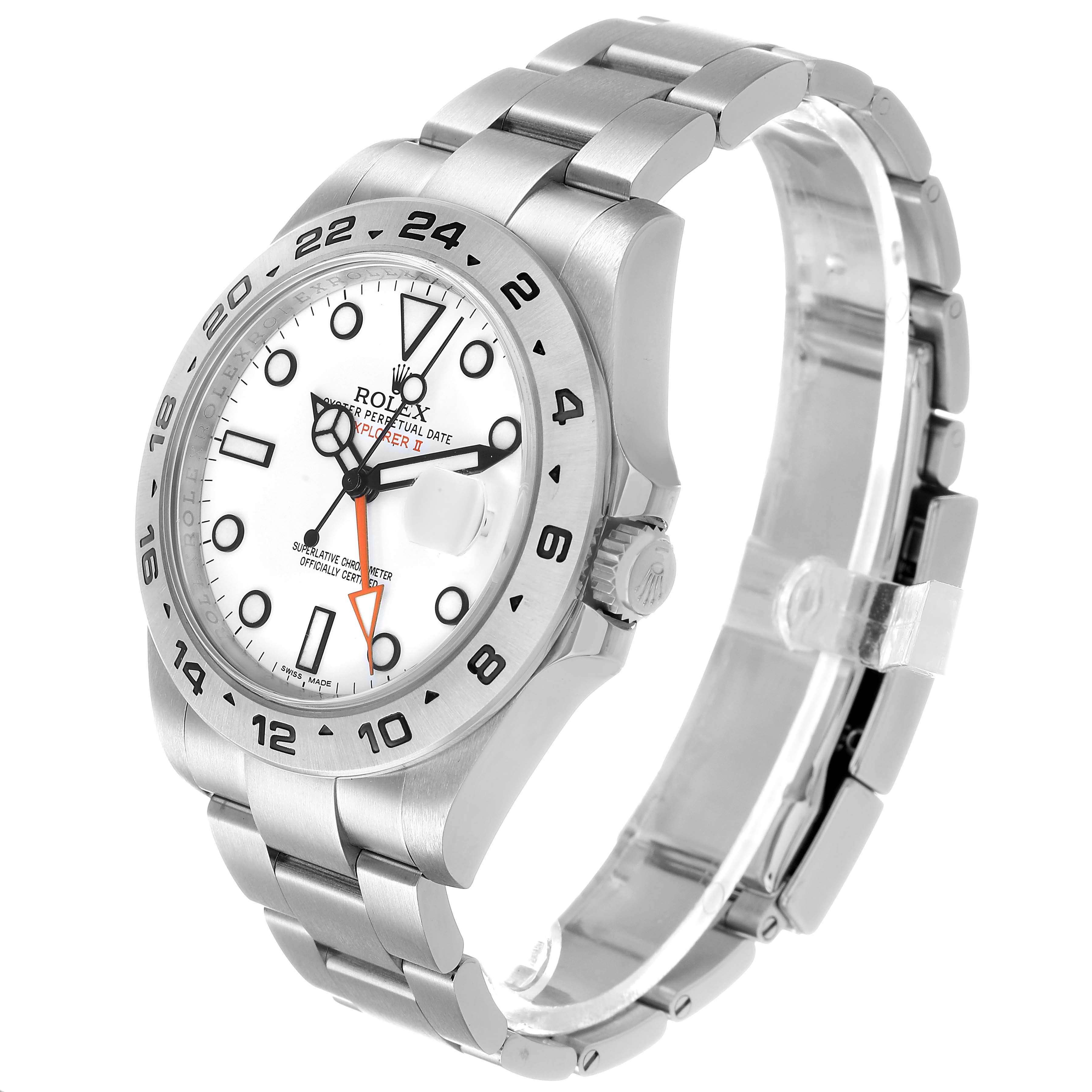 The Rolex Explorer 216570 Men's Stainless Steel White Dial model is shown at a three-quarter angle, highlighting the bezel, face, crown, and bracelet.