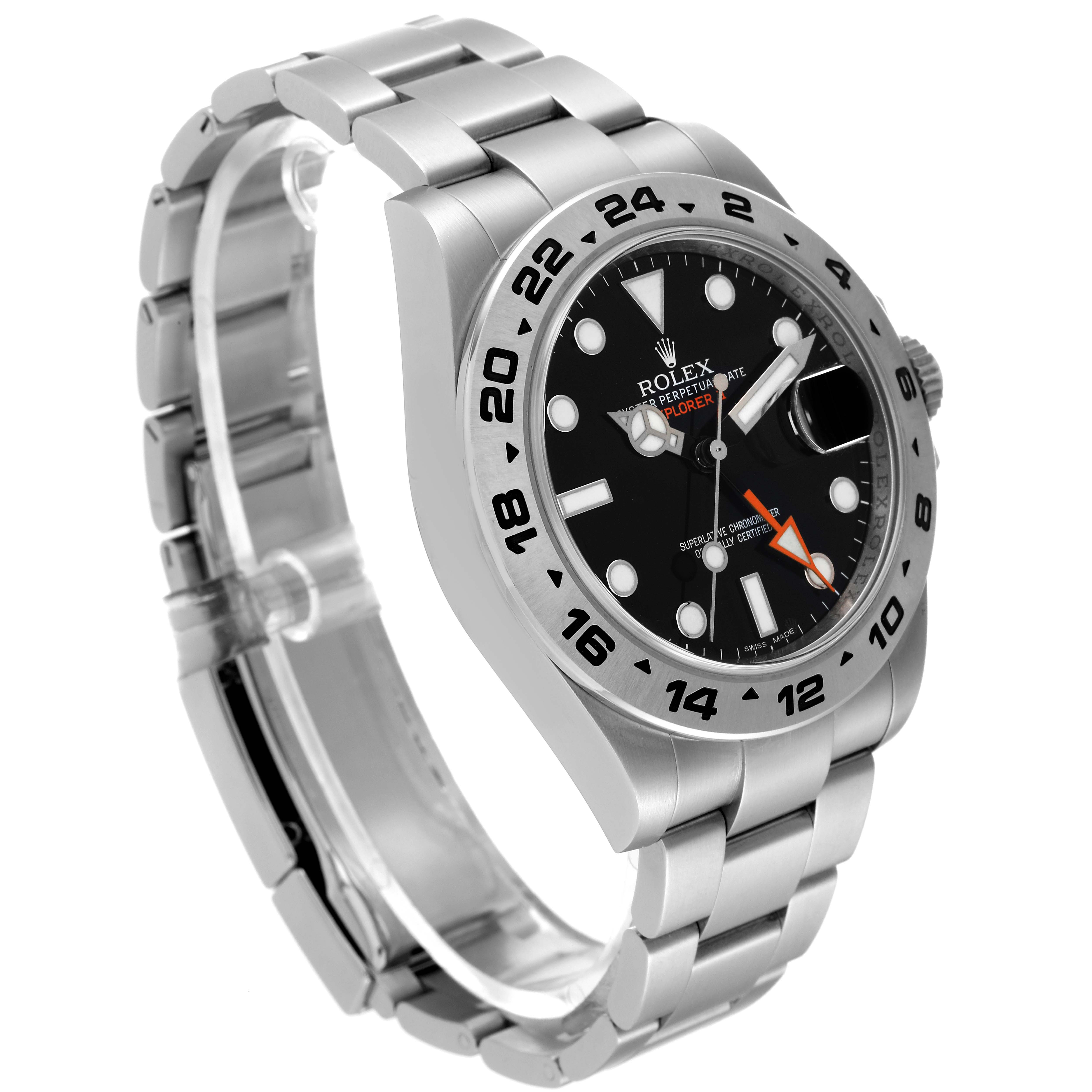 This image shows a side angle of a Rolex Explorer 216570 Men's Stainless Steel Black Dial 216570 Men's Stainless Steel Black Dial watch, highlighting the dial, bezel, crown, and metal bracelet.