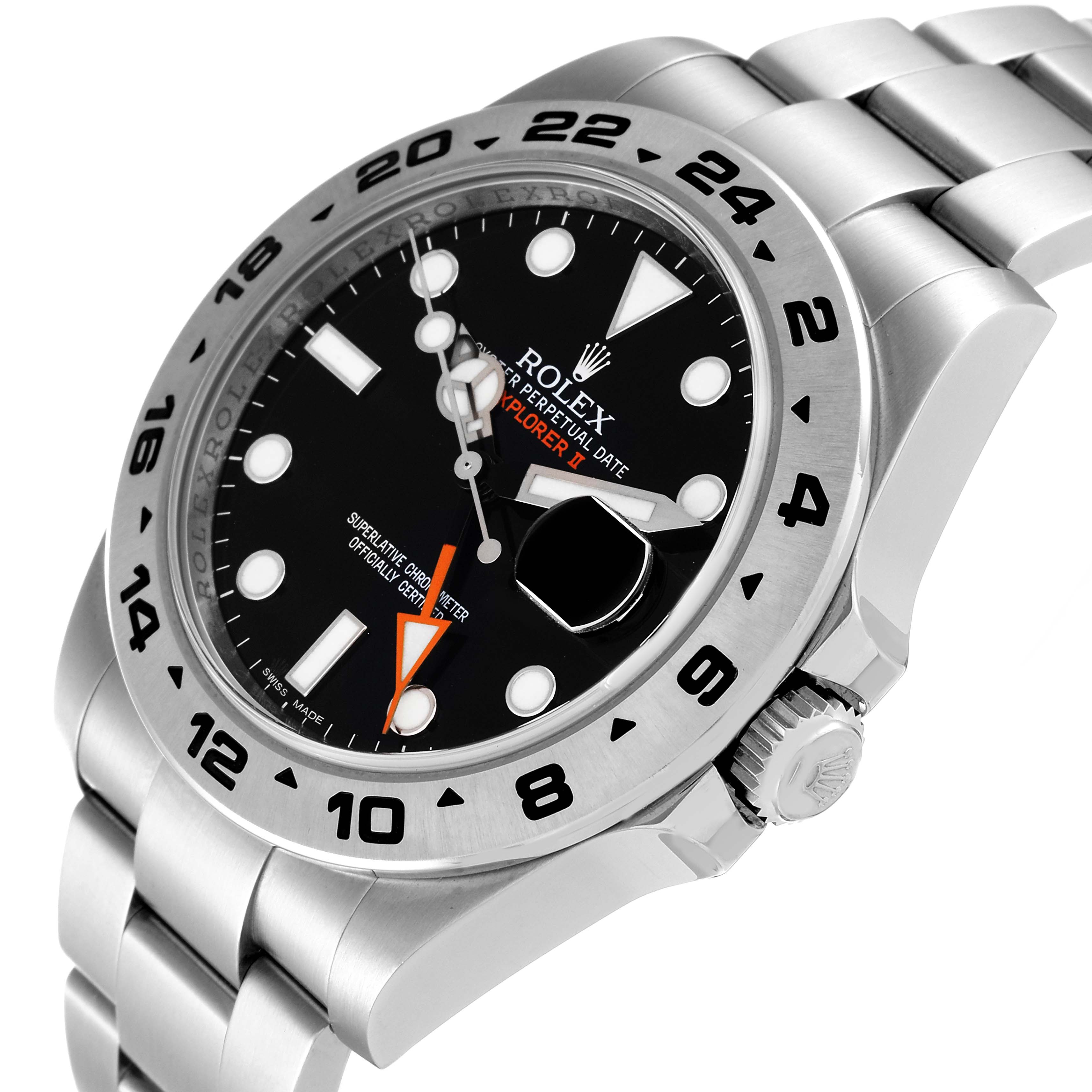 The Rolex Explorer 216570 Men's Stainless Steel Black Dial 216570 Men's Stainless Steel Black Dial model is shown at an angled view, highlighting the face, bezel, crown, and part of the bracelet.