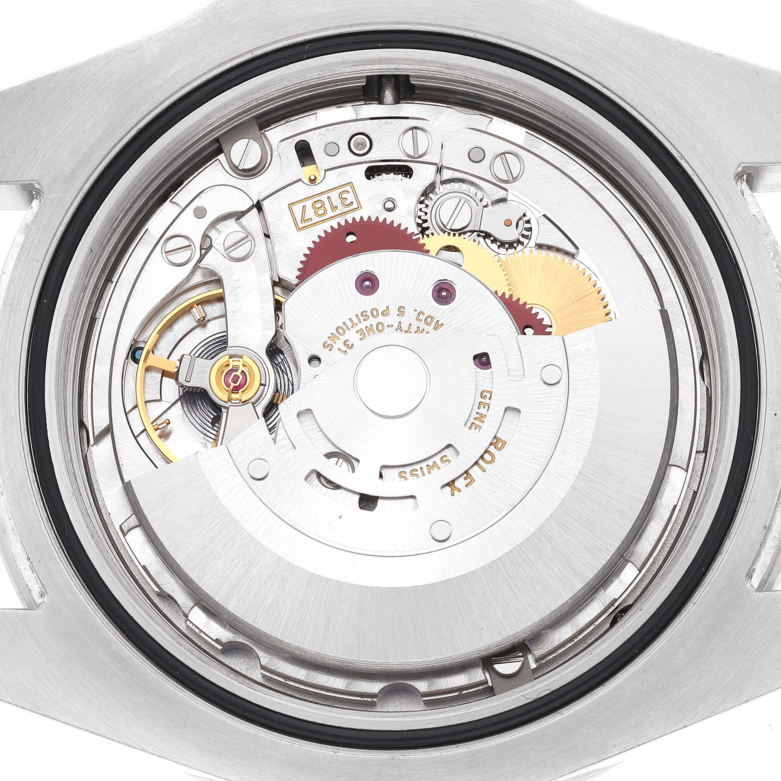 This image shows the internal mechanism, specifically the movement, of a Rolex Explorer 216570 Men's Stainless Steel Black Dial 216570 Men's Stainless Steel Black Dial watch viewed from the back.
