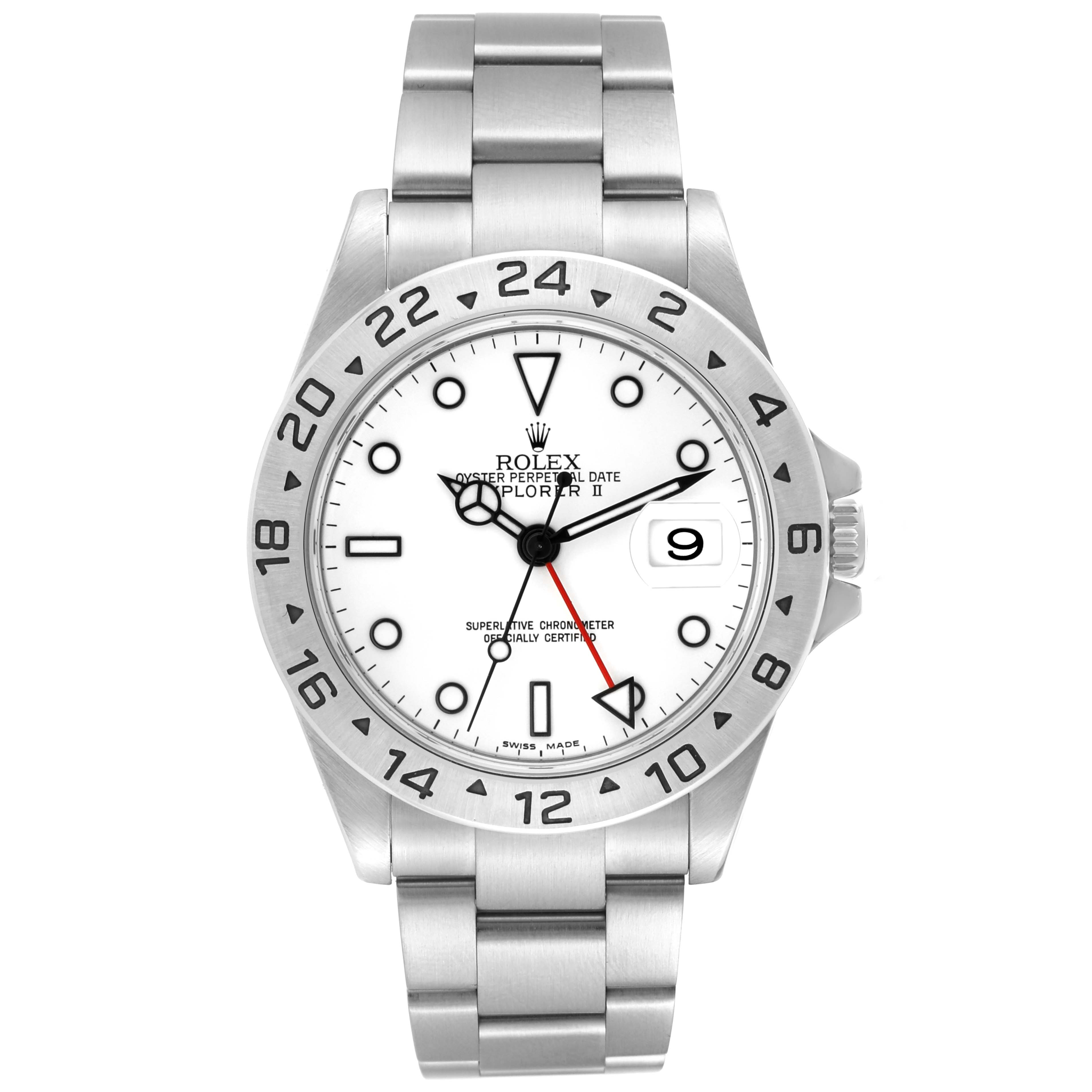 The image shows a front view of the Rolex Explorer 16570 Men's Stainless Steel White Dial 16570 Men's Stainless Steel White Dial watch, featuring its bezel, dial, bracelet, hands, and date window.