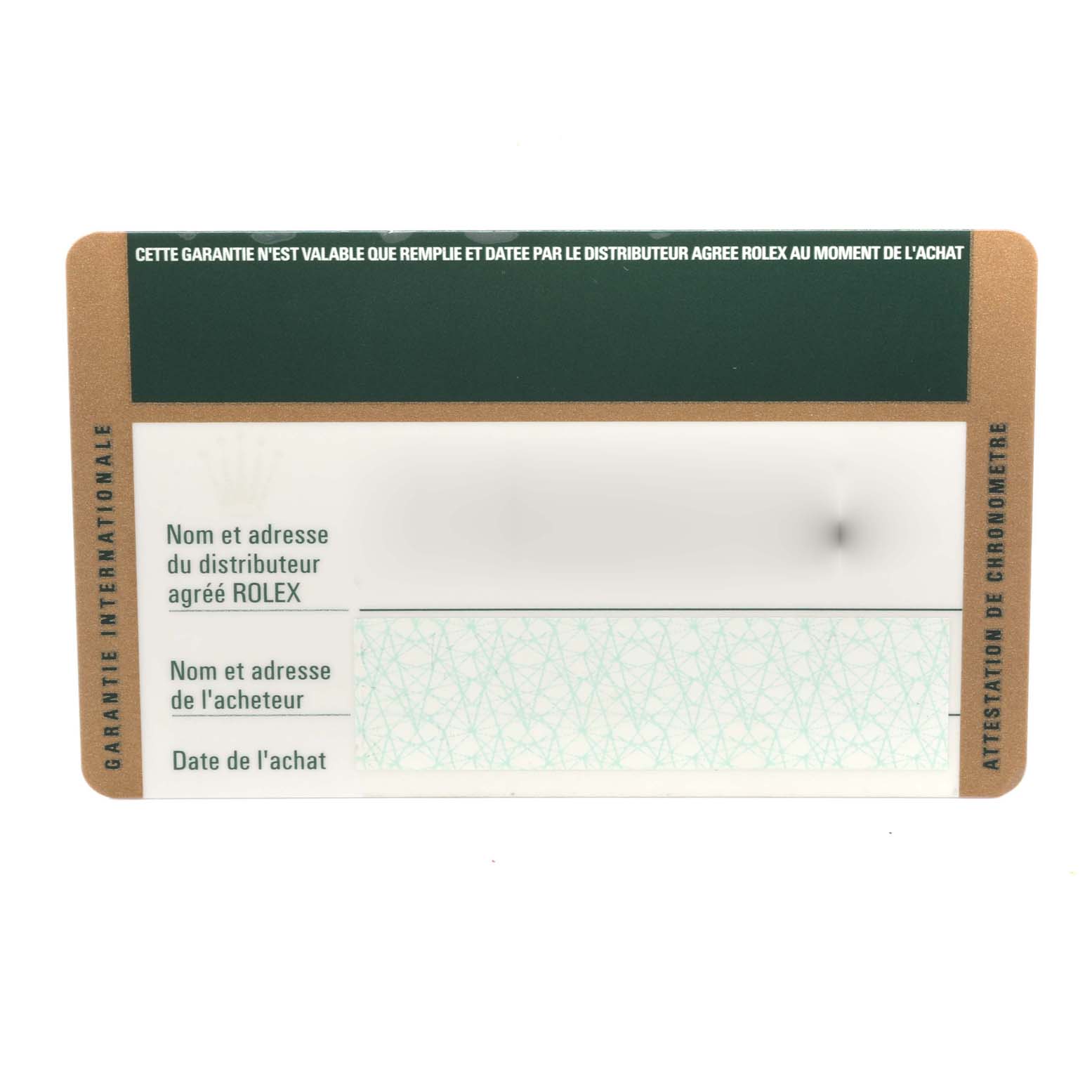 This image shows the front of a warranty card for the Rolex Explorer 16570 Men's Stainless Steel White Dial 16570 Men's Stainless Steel White Dial model.