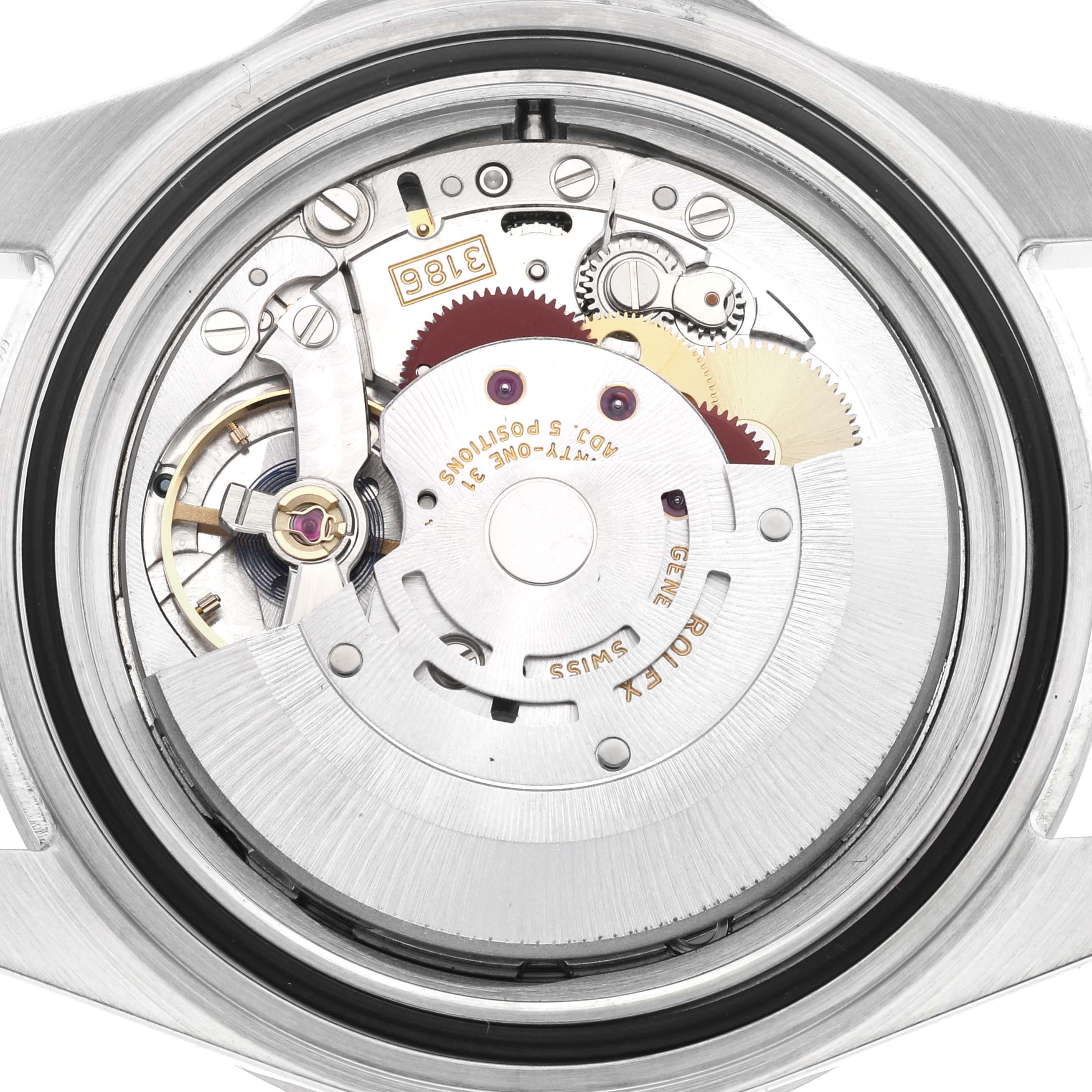This image shows the inner mechanical movement of a Rolex Explorer 16570 Men's Stainless Steel White Dial 16570 Men's Stainless Steel White Dial model watch from a rear angle.