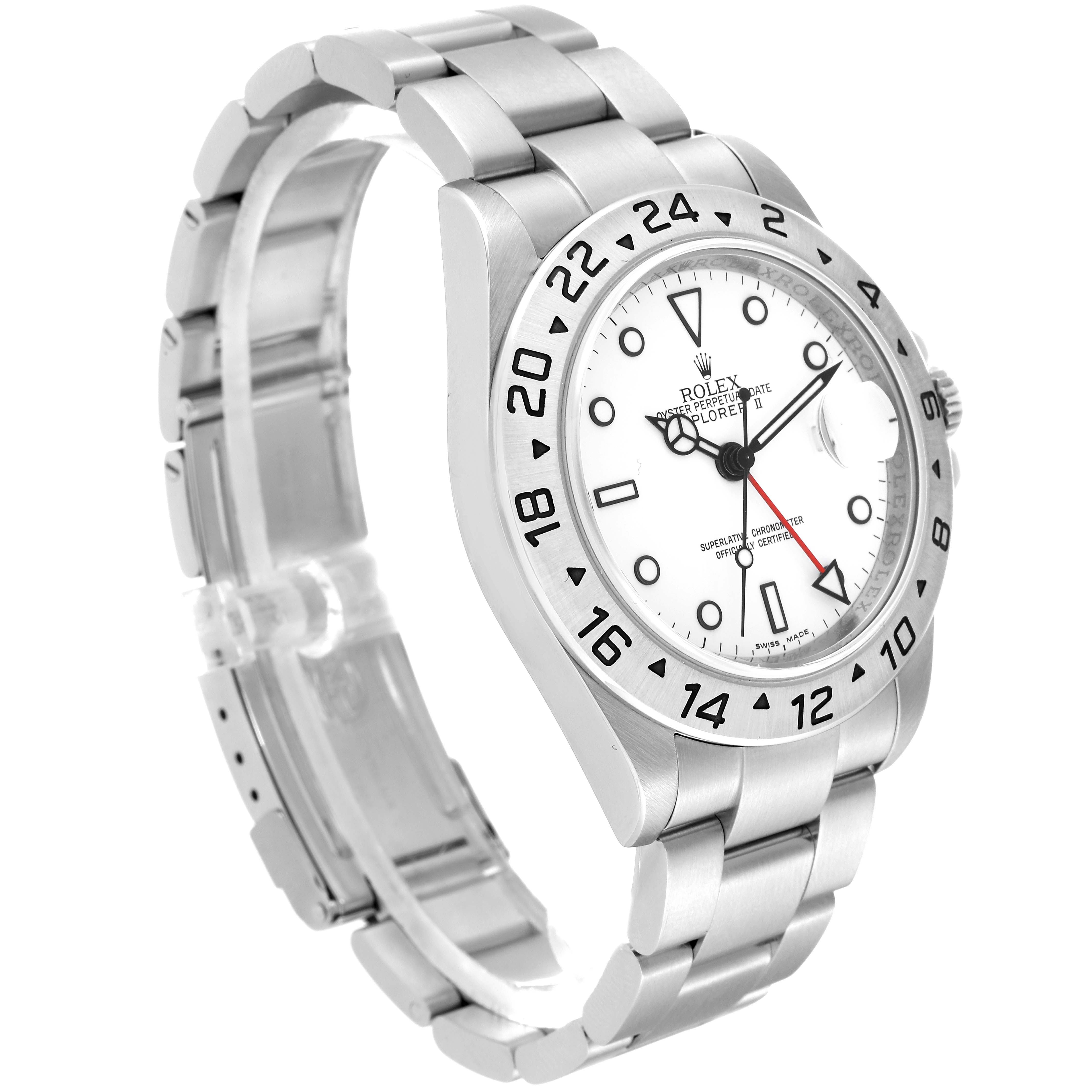 The image shows a Rolex Explorer 16570 Men's Stainless Steel White Dial 16570 Men's Stainless Steel White Dial watch from an angled side view, displaying its bracelet, bezel, and dial.