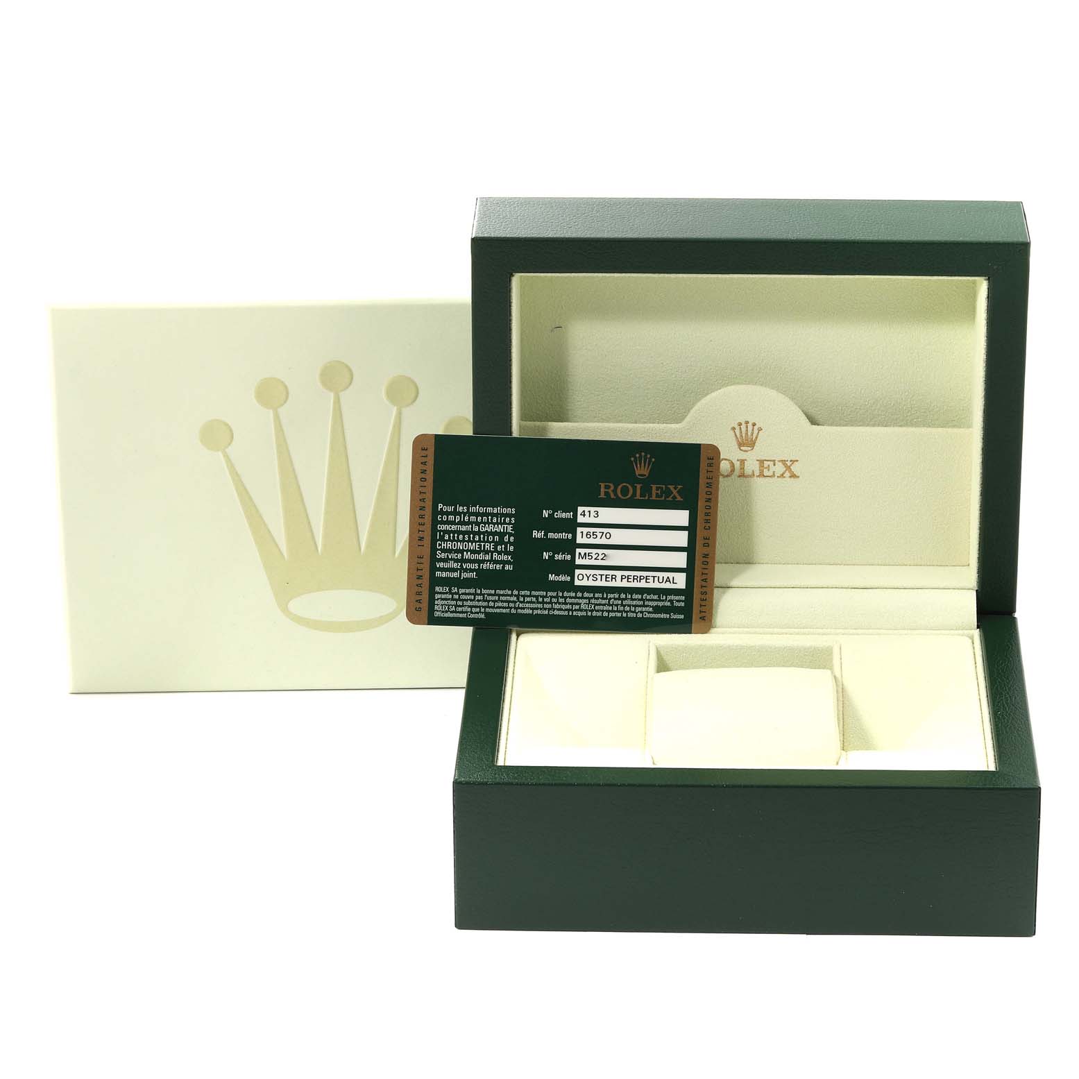 The image shows a Rolex Explorer 16570 Men's Stainless Steel White Dial 16570 Men's Stainless Steel White Dial model watch box with its warranty card, placed at a slightly elevated angle.