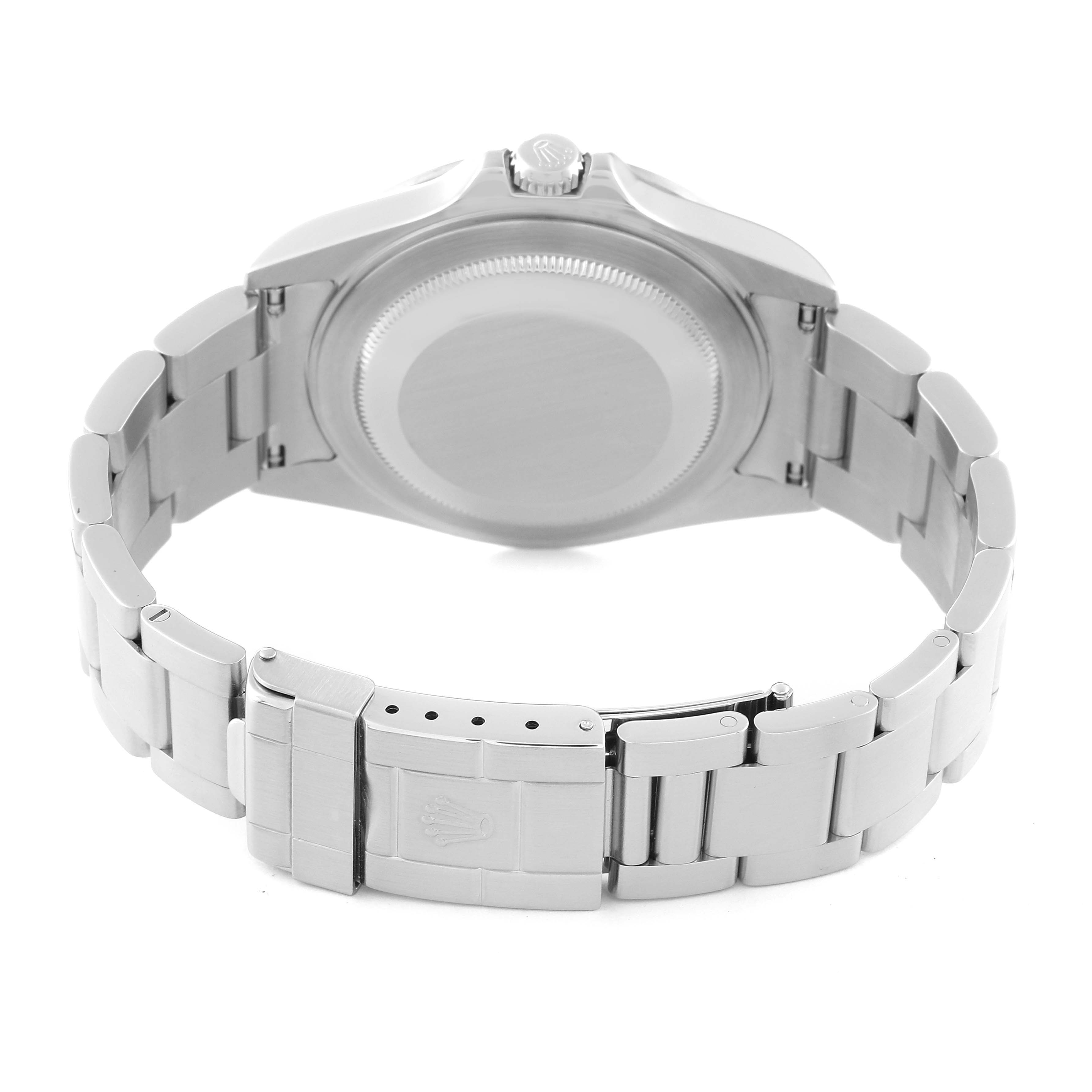 The image shows the back view of a Rolex Explorer 16570 Men's Stainless Steel White Dial 16570 Men's Stainless Steel White Dial watch, highlighting its case back, bracelet, and clasp.