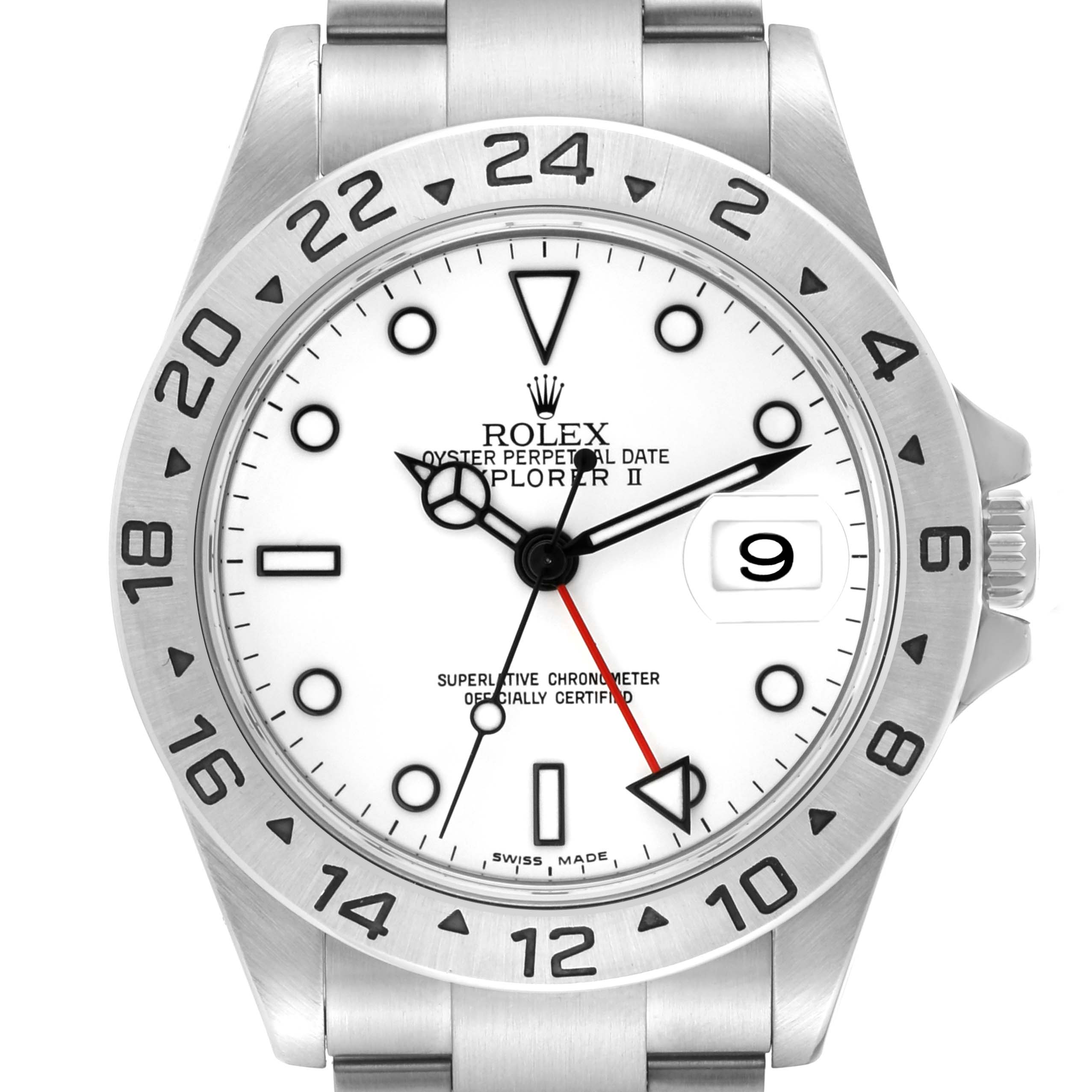 The image shows a front view of a Rolex Explorer 16570 Men's Stainless Steel White Dial 16570 Men's Stainless Steel White Dial watch, featuring a white dial with a date window and a stainless steel bezel.