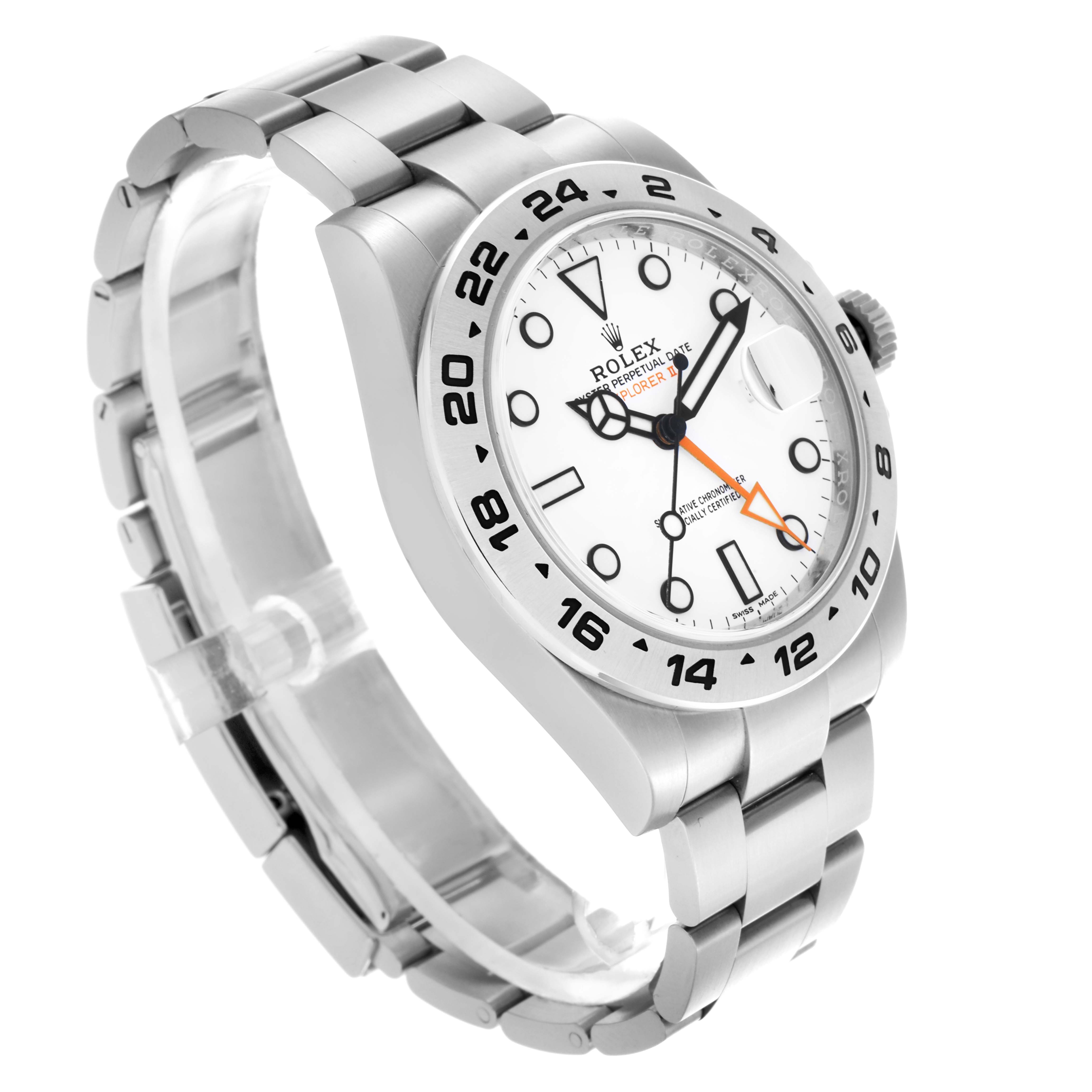 The Rolex Explorer 216570 Men
s Stainless Steel White Dial 216570 Men
s Stainless Steel White Dial model watch is shown at a three-quarter angle, highlighting its face, bezel, and bracelet.