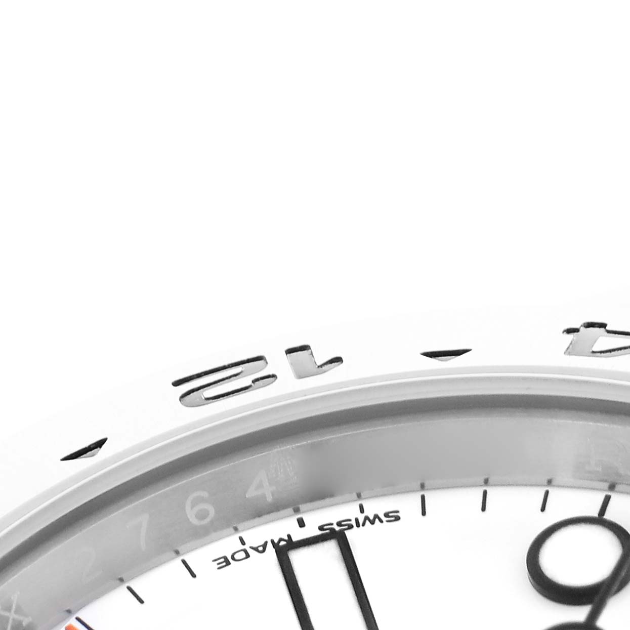 The image shows a close-up of the Rolex Explorer 216570 Men
s Stainless Steel White Dial 216570 Men
s Stainless Steel White Dial watch focusing on the bezel, part of the dial, and numeral details.