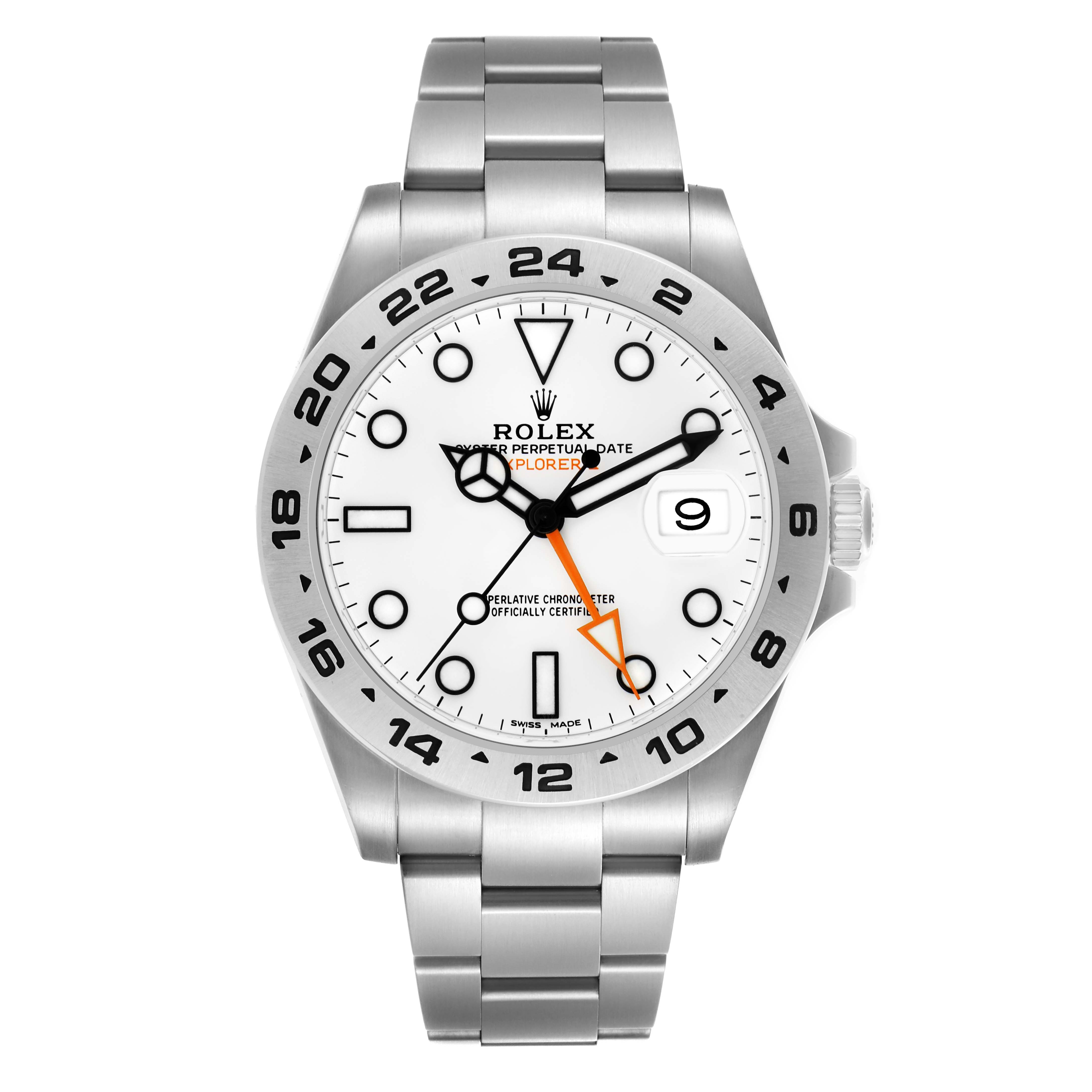 The image shows a front view of the Rolex Explorer 216570 Men
s Stainless Steel White Dial 216570 Men
s Stainless Steel White Dial, displaying its dial, bezel, hands, date window, and bracelet.