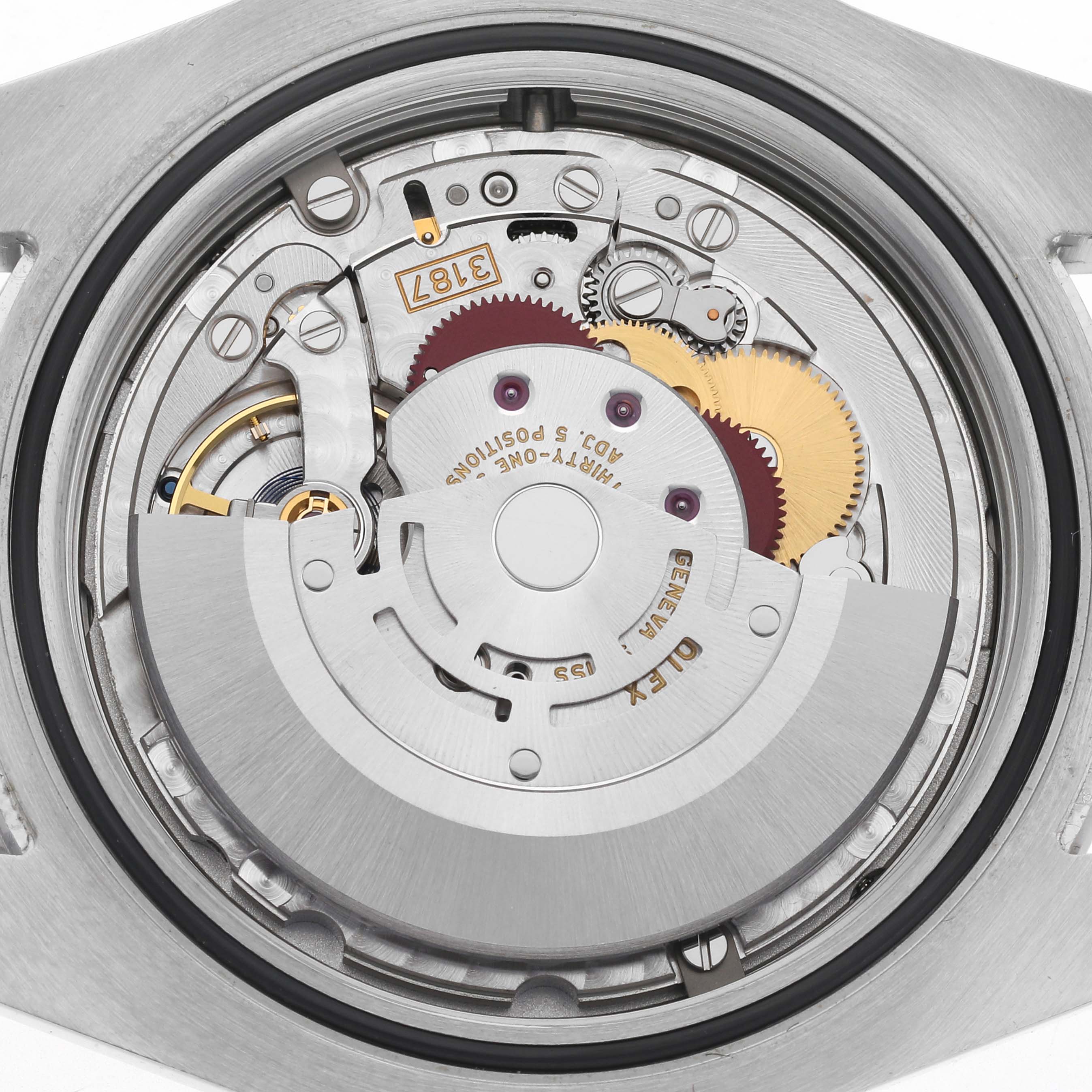 The image shows a close-up of the movement inside a Rolex Explorer 216570 Men
s Stainless Steel White Dial 216570 Men
s Stainless Steel White Dial watch.