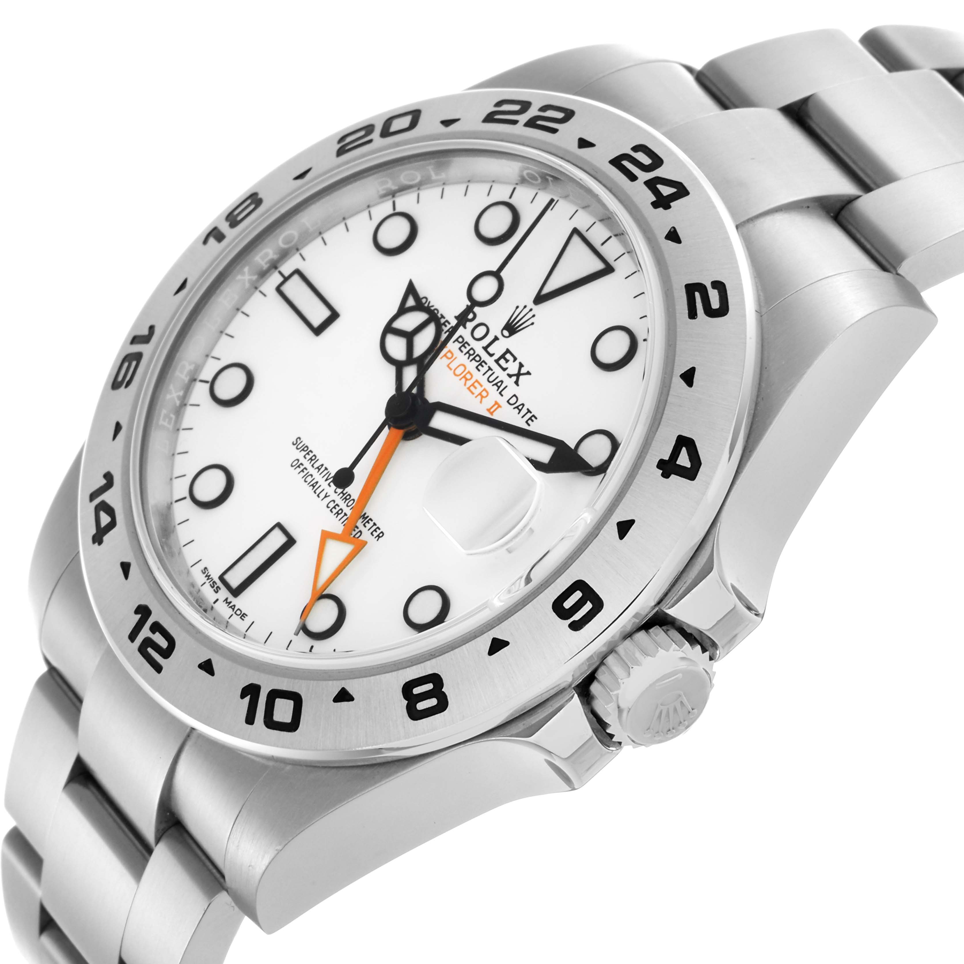 The Rolex Explorer 216570 Men
s Stainless Steel White Dial 216570 Men
s Stainless Steel White Dial watch is shown from a side angle, highlighting the dial, bezel, crown, and bracelet.
