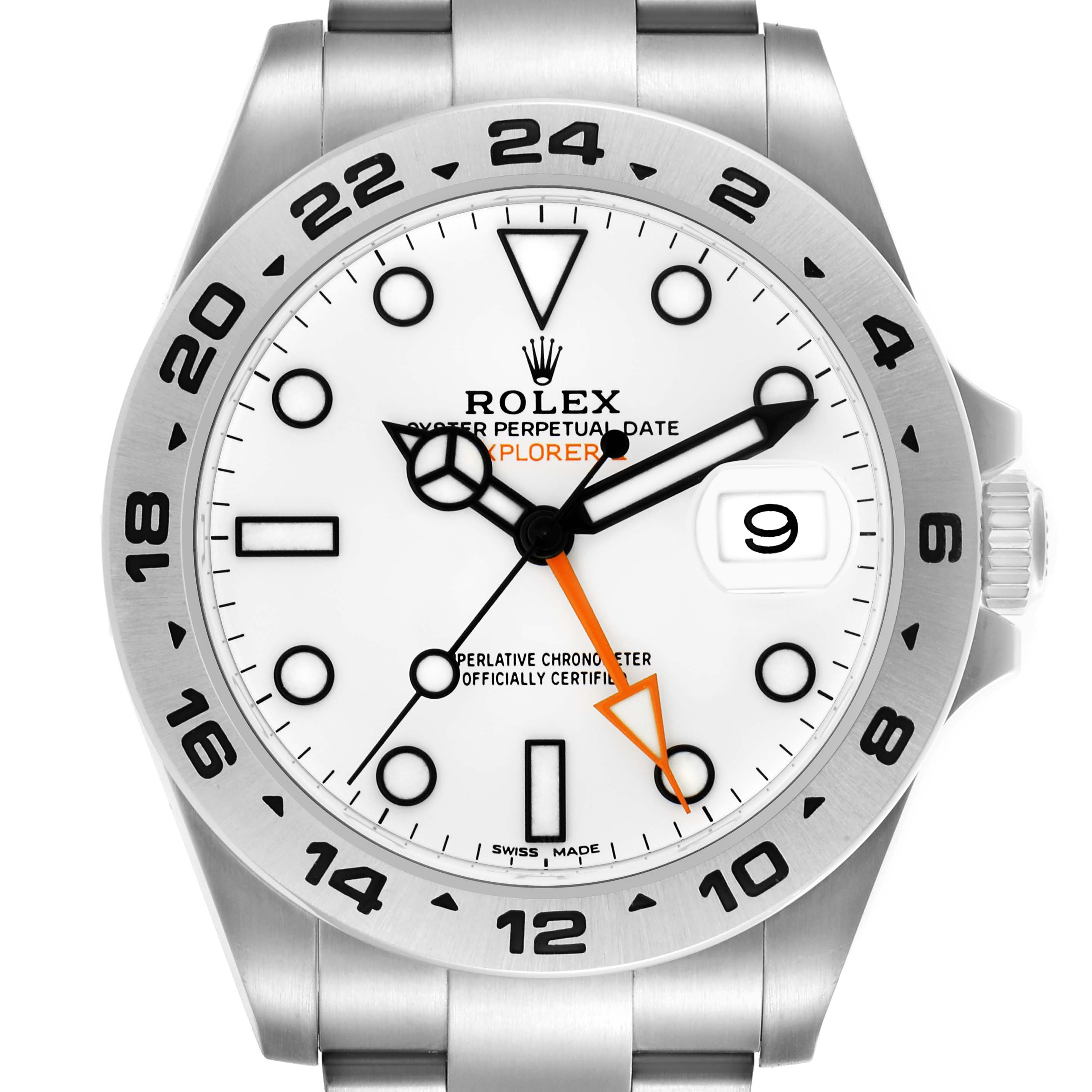 The Rolex Explorer 216570 Men
s Stainless Steel White Dial 216570 Men
s Stainless Steel White Dial watch is shown from a front angle, highlighting the dial, bezel, hands, and part of the bracelet.