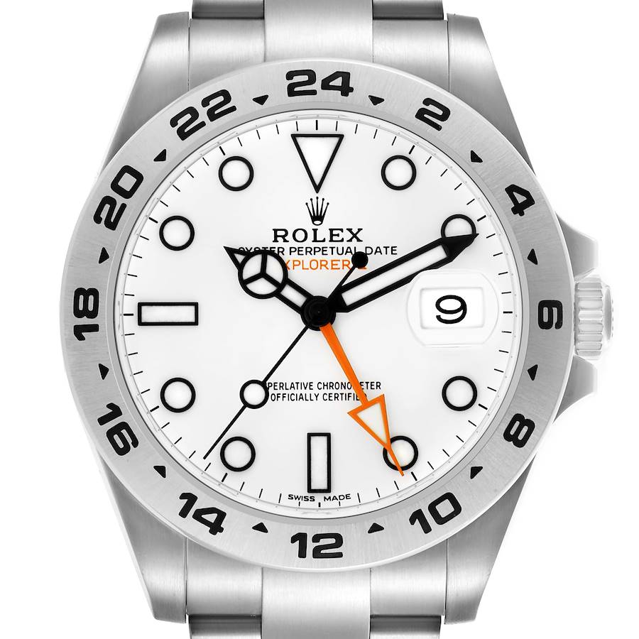 The Rolex Explorer watch is shown from a front angle, highlighting the dial, bezel, hands, and part of the bracelet.