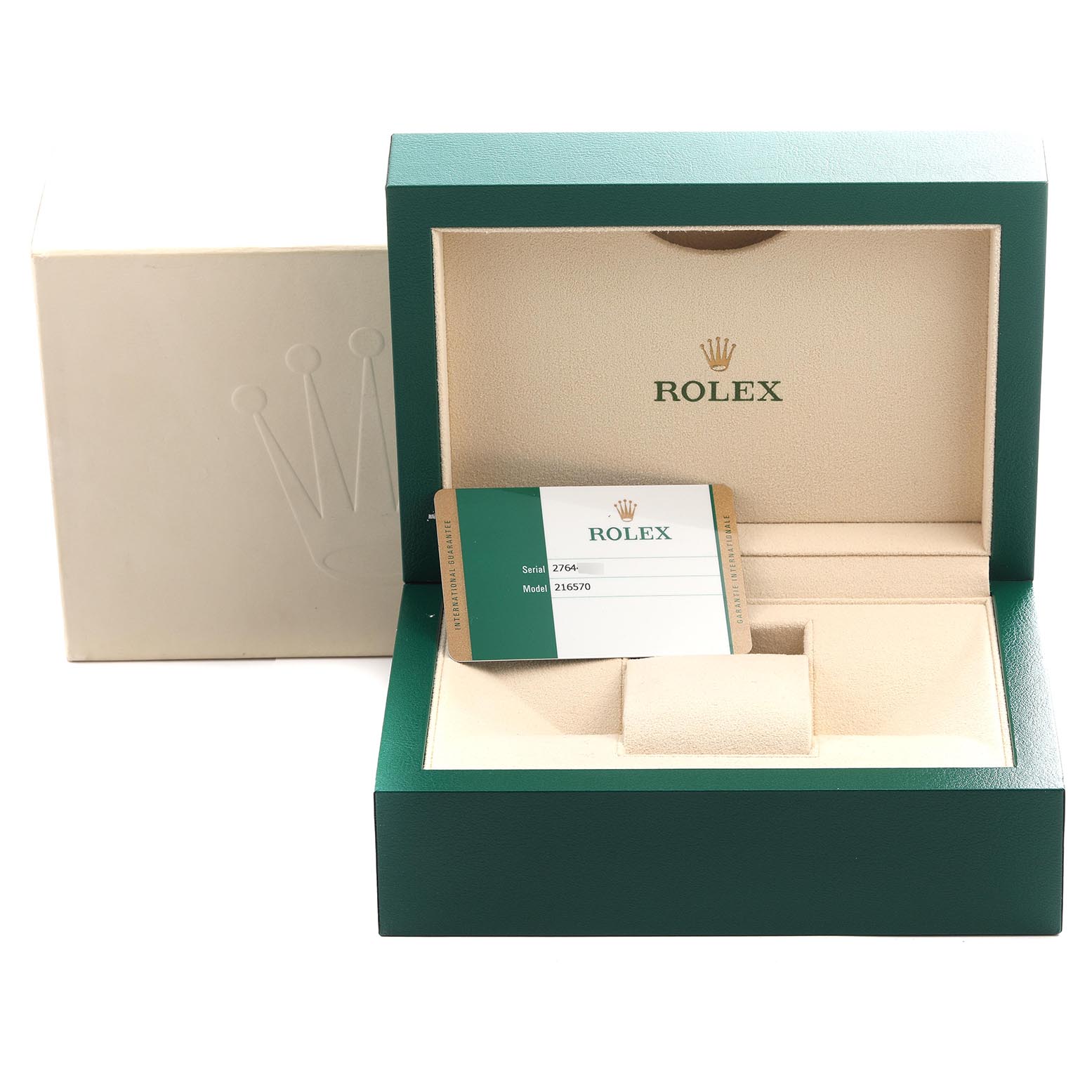 The image shows a Rolex Explorer 216570 Men
s Stainless Steel White Dial 216570 Men
s Stainless Steel White Dial watch box, open with a warranty card inside, viewed from the front.