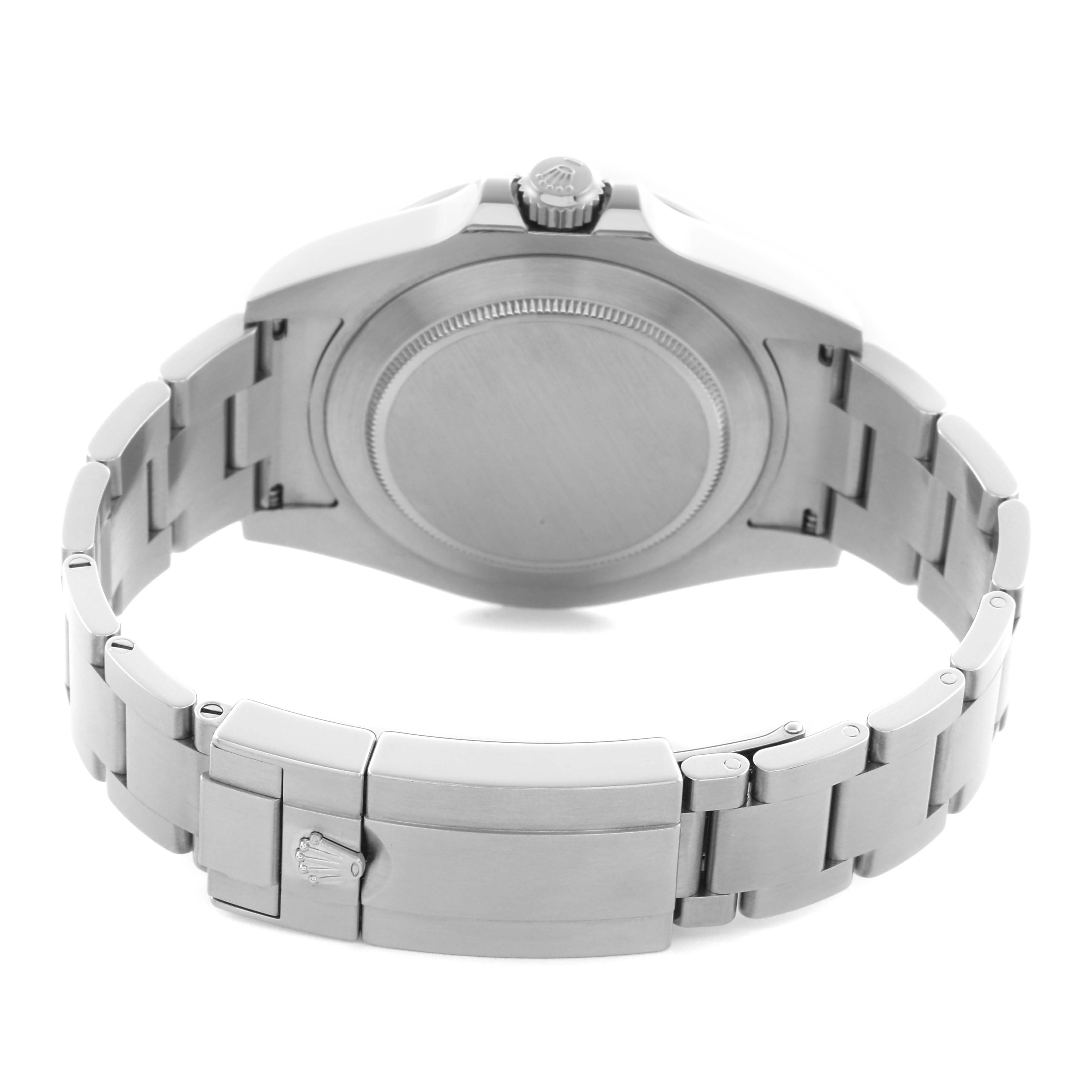 The image shows the backside of a Rolex Explorer 216570 Men
s Stainless Steel White Dial 216570 Men
s Stainless Steel White Dial watch, highlighting the clasp, bracelet, case back, and crown.