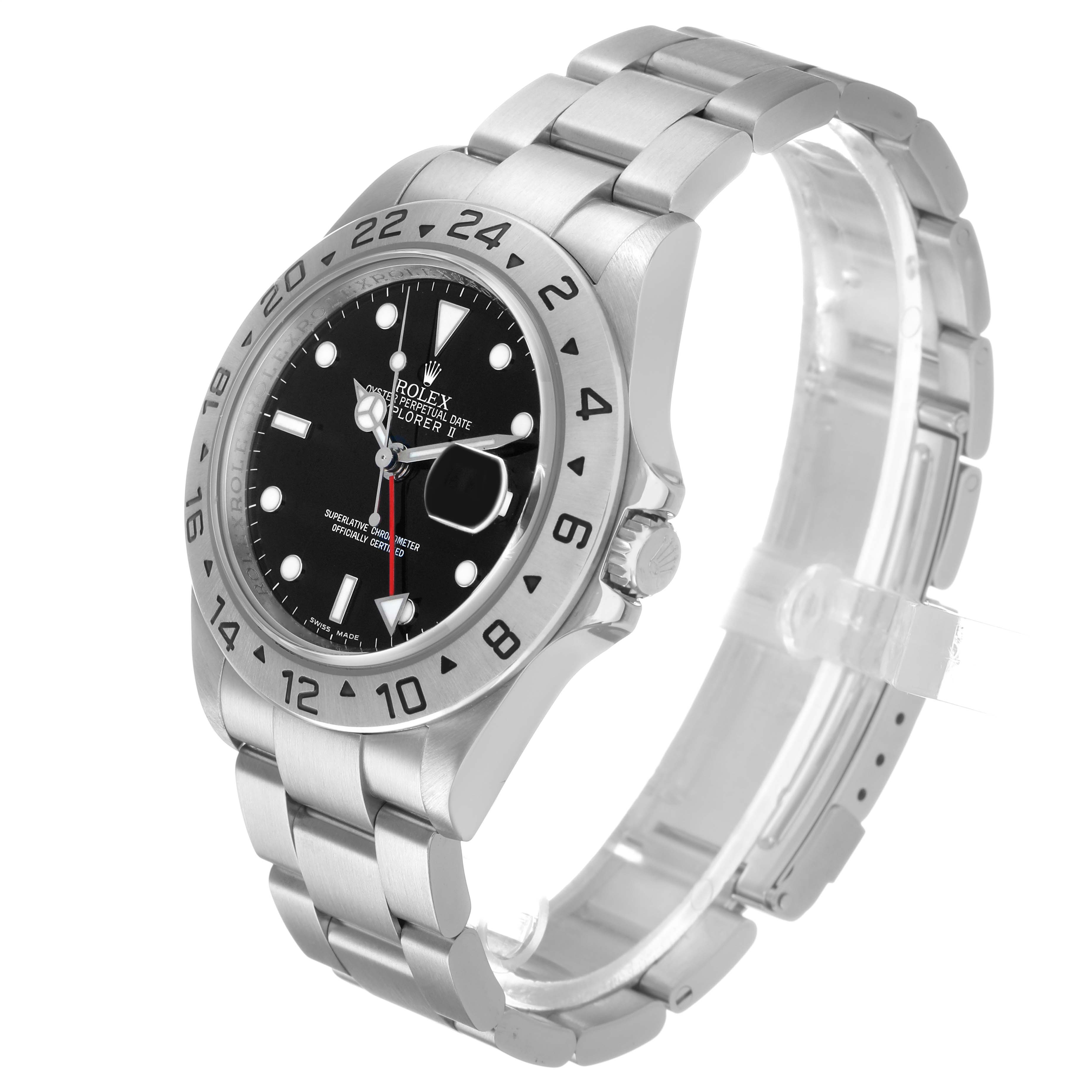 The Rolex Explorer 16570 Men's Stainless Steel Black Dial model is shown at an angle highlighting the face, bezel, and bracelet.