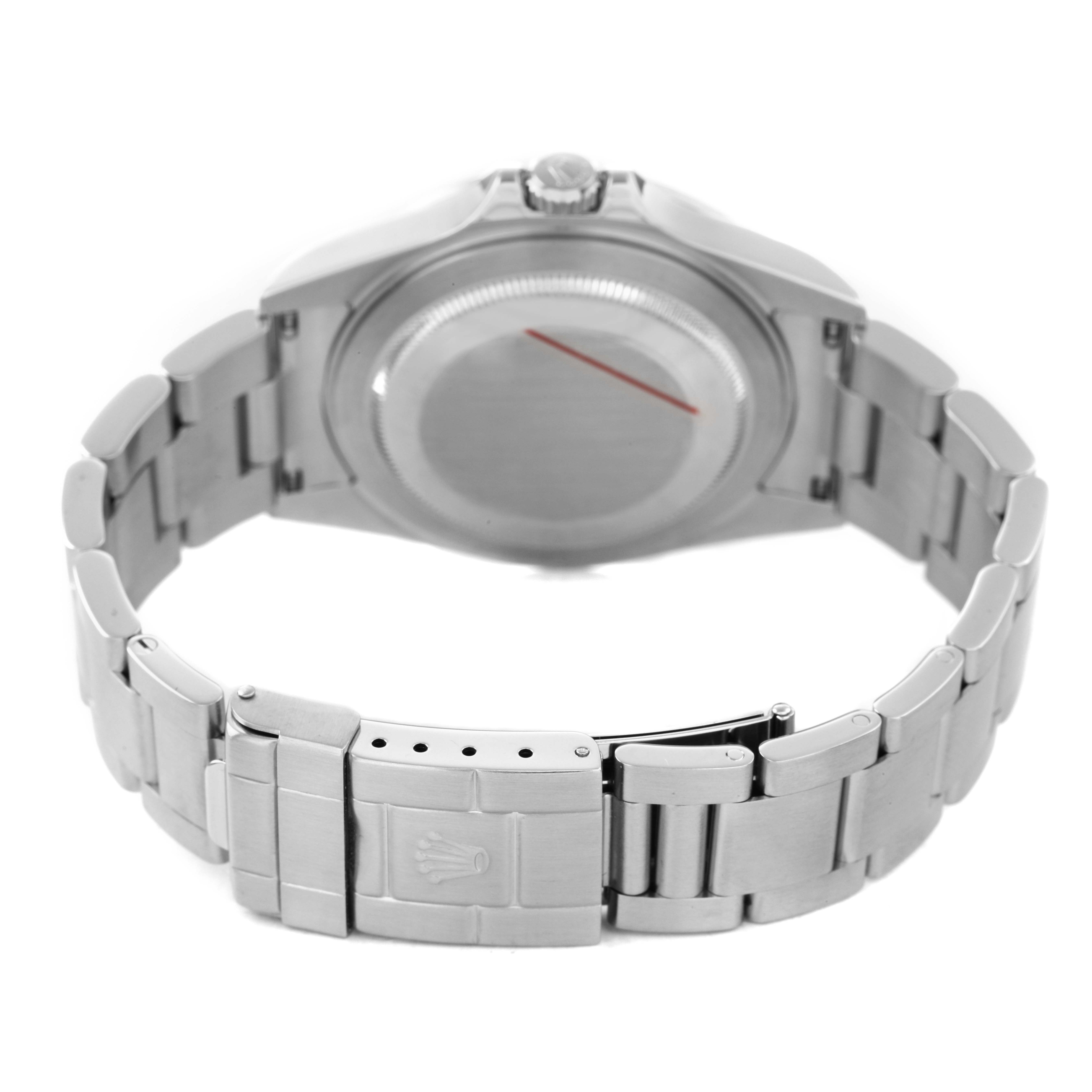 The image shows the back of the Rolex Explorer 16570 Men's Stainless Steel Black Dial watch, focusing on the case back and bracelet with an open clasp.