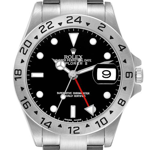 The Rolex Explorer 16570 Men's Stainless Steel Black Dial watch is shown from a front angle, featuring the dial, bezel, and partial bracelet.