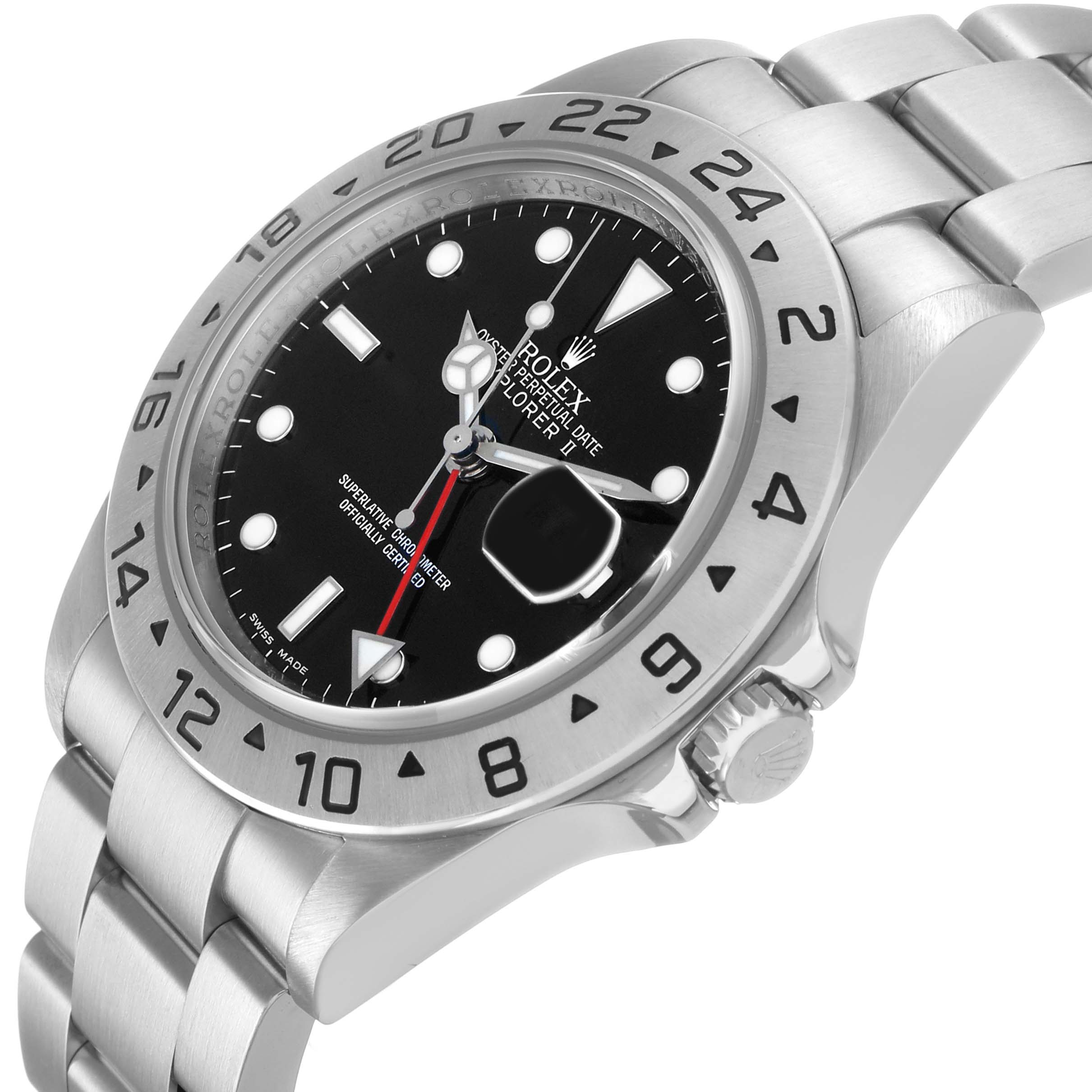 The Rolex Explorer 16570 Men's Stainless Steel Black Dial watch is shown at an angled side view highlighting the face, bezel, crown, and bracelet.