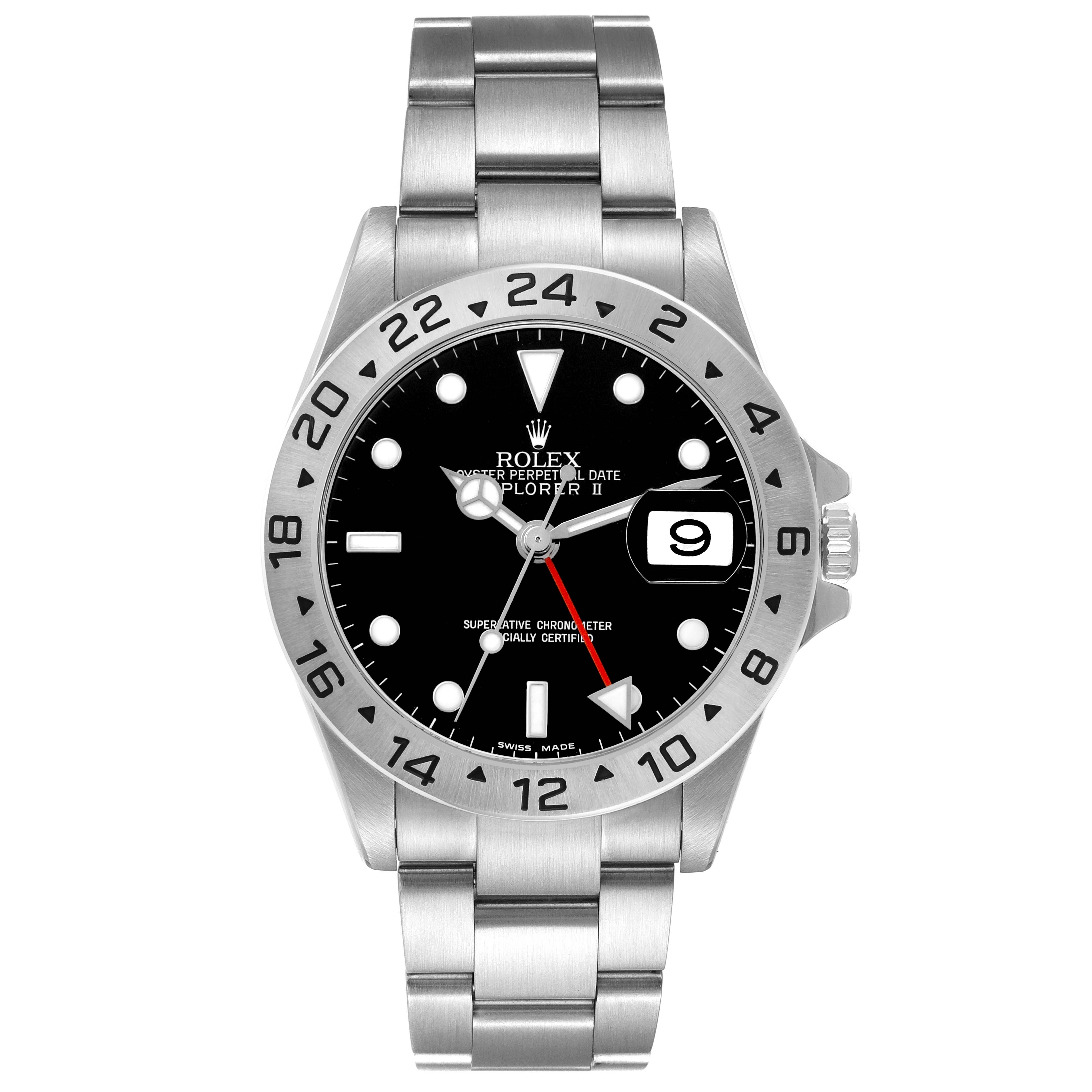 The Rolex Explorer 16570 Men's Stainless Steel Black Dial model watch is shown from the front, displaying the dial, bezel, bracelet, and date window.