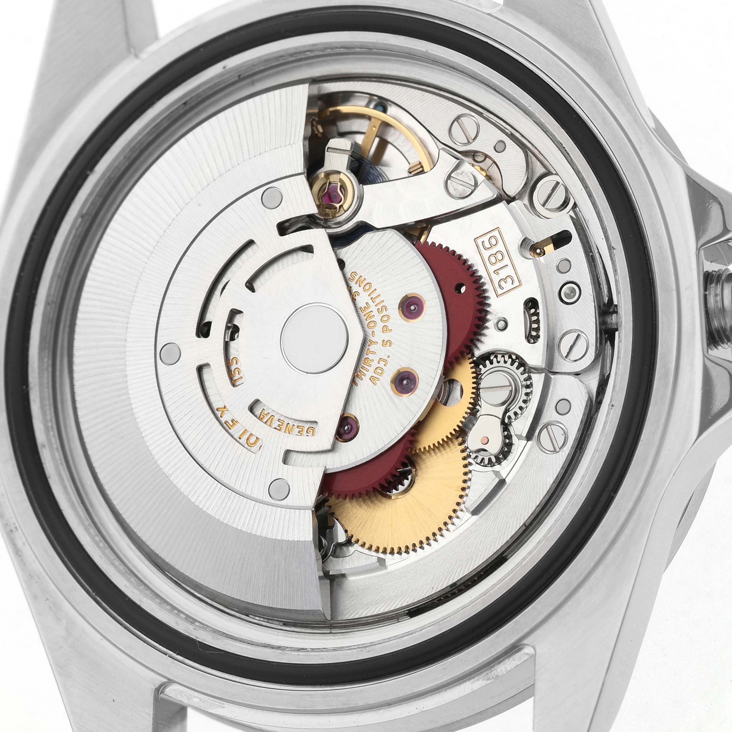 The image shows the open case back of a Rolex Explorer 16570 Men's Stainless Steel Black Dial, highlighting its intricate internal movement and gears.