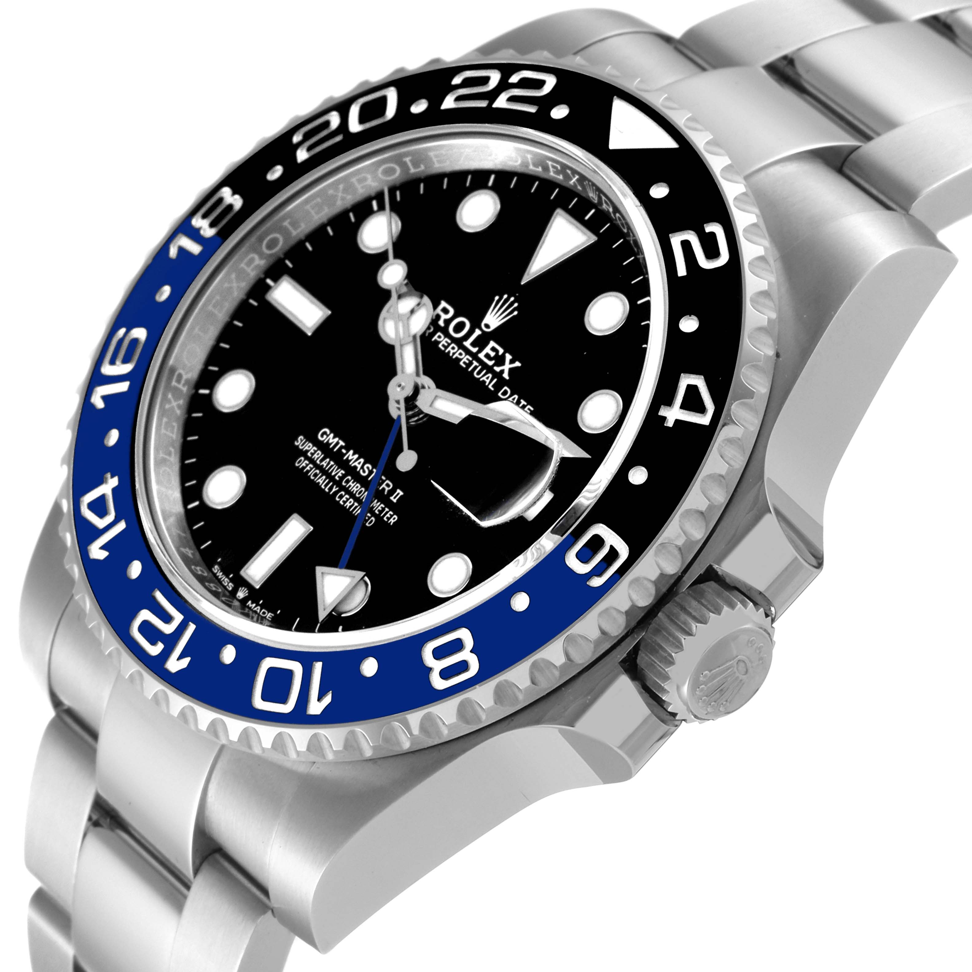 The image shows a close-up angled view of a Rolex GMT-Master 126710 Men's Stainless Steel Black Dial 126710 Men's Stainless Steel Black Dial II watch, highlighting the bezel, dial, and part of the bracelet.