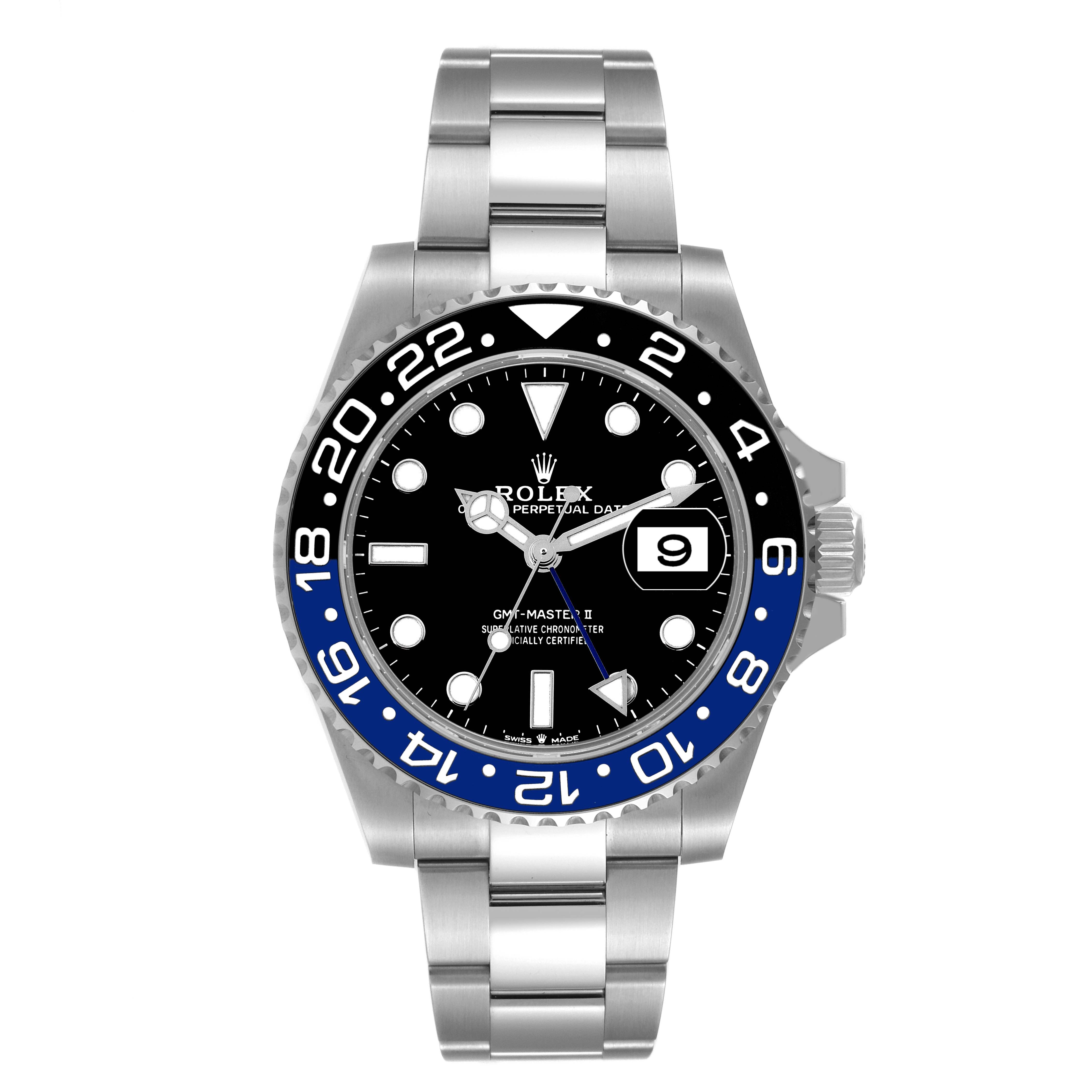 The image shows a frontal view of a Rolex GMT-Master 126710 Men's Stainless Steel Black Dial 126710 Men's Stainless Steel Black Dial watch, displaying the bezel, dial, hands, and bracelet.