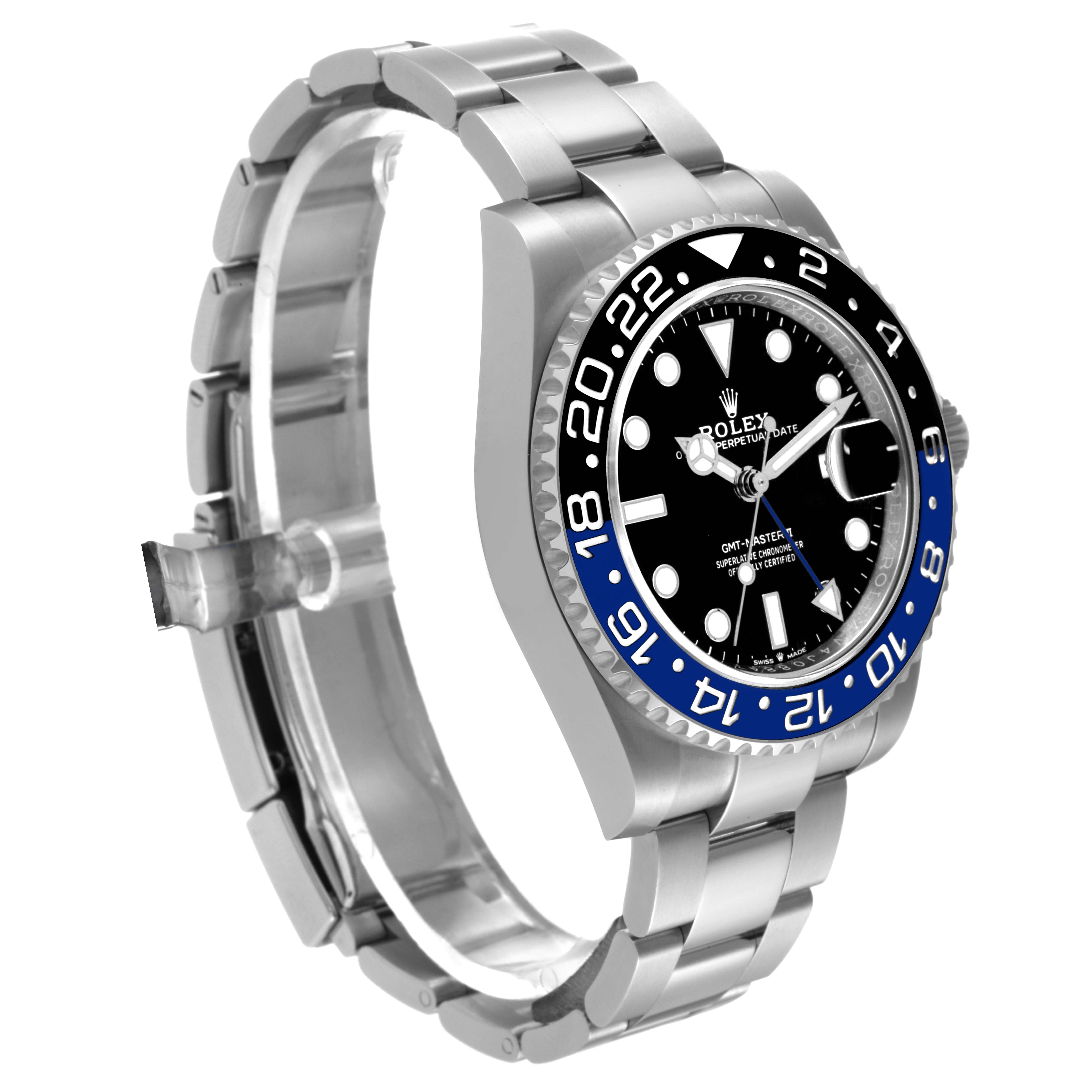 This Rolex GMT-Master 126710 Men's Stainless Steel Black Dial 126710 Men's Stainless Steel Black Dial watch is shown at a side angle, highlighting its bezel, dial, bracelet, and case.