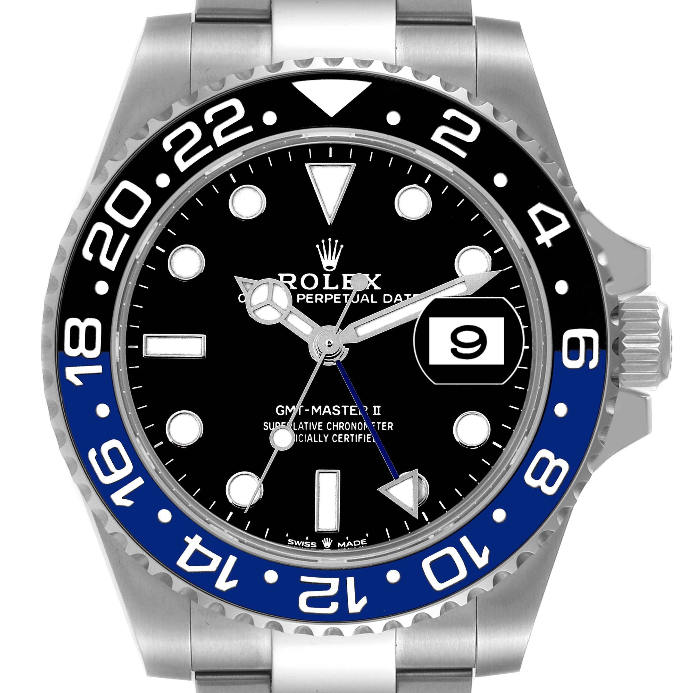 The image shows a front view of a Rolex GMT-Master 126710 Men's Stainless Steel Black Dial 126710 Men's Stainless Steel Black Dial II watch, highlighting its black and blue bezel, dial, and date window.