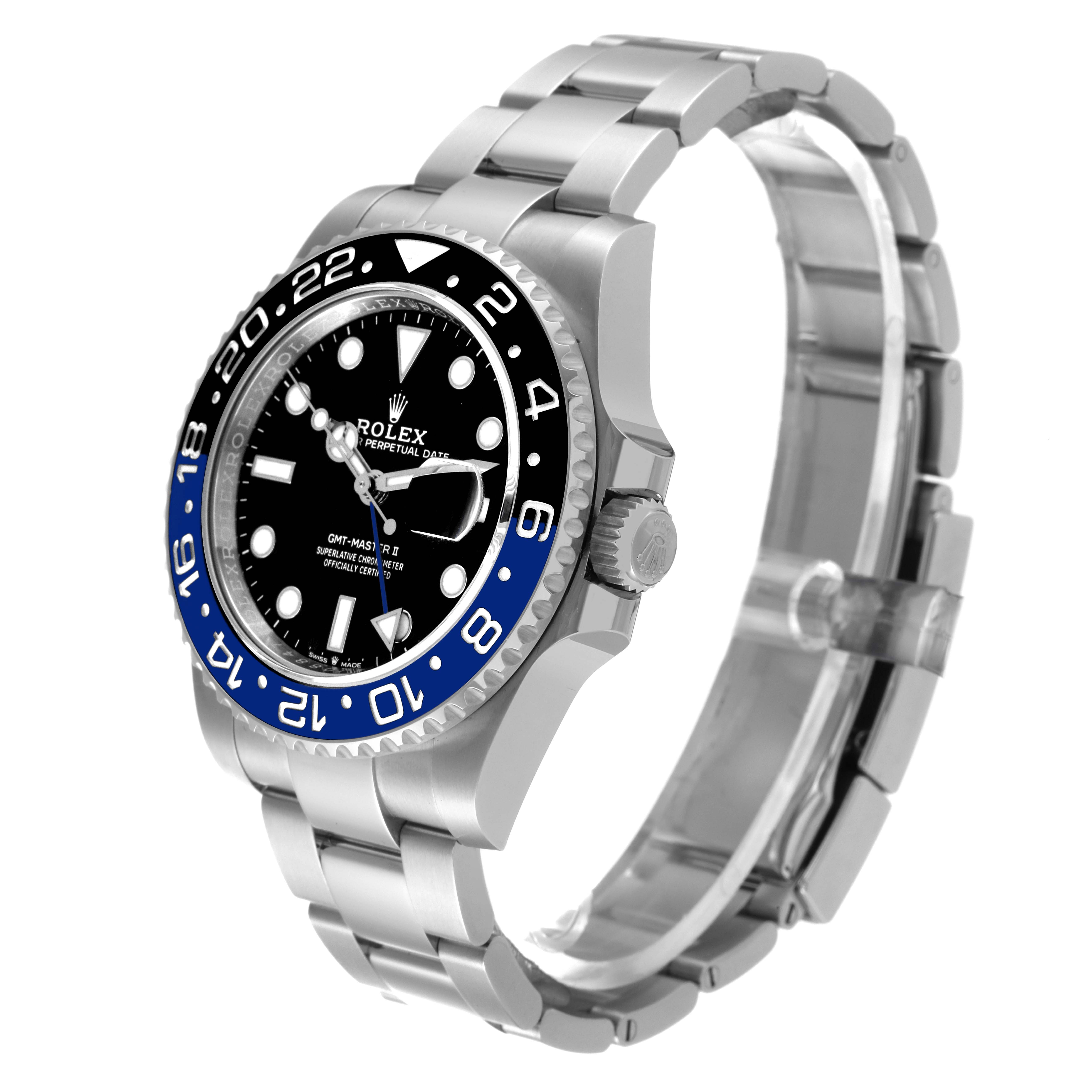 The image shows a side view of a Rolex GMT-Master 126710 Men's Stainless Steel Black Dial 126710 Men's Stainless Steel Black Dial watch, highlighting the bezel, dial, case, crown, and bracelet.