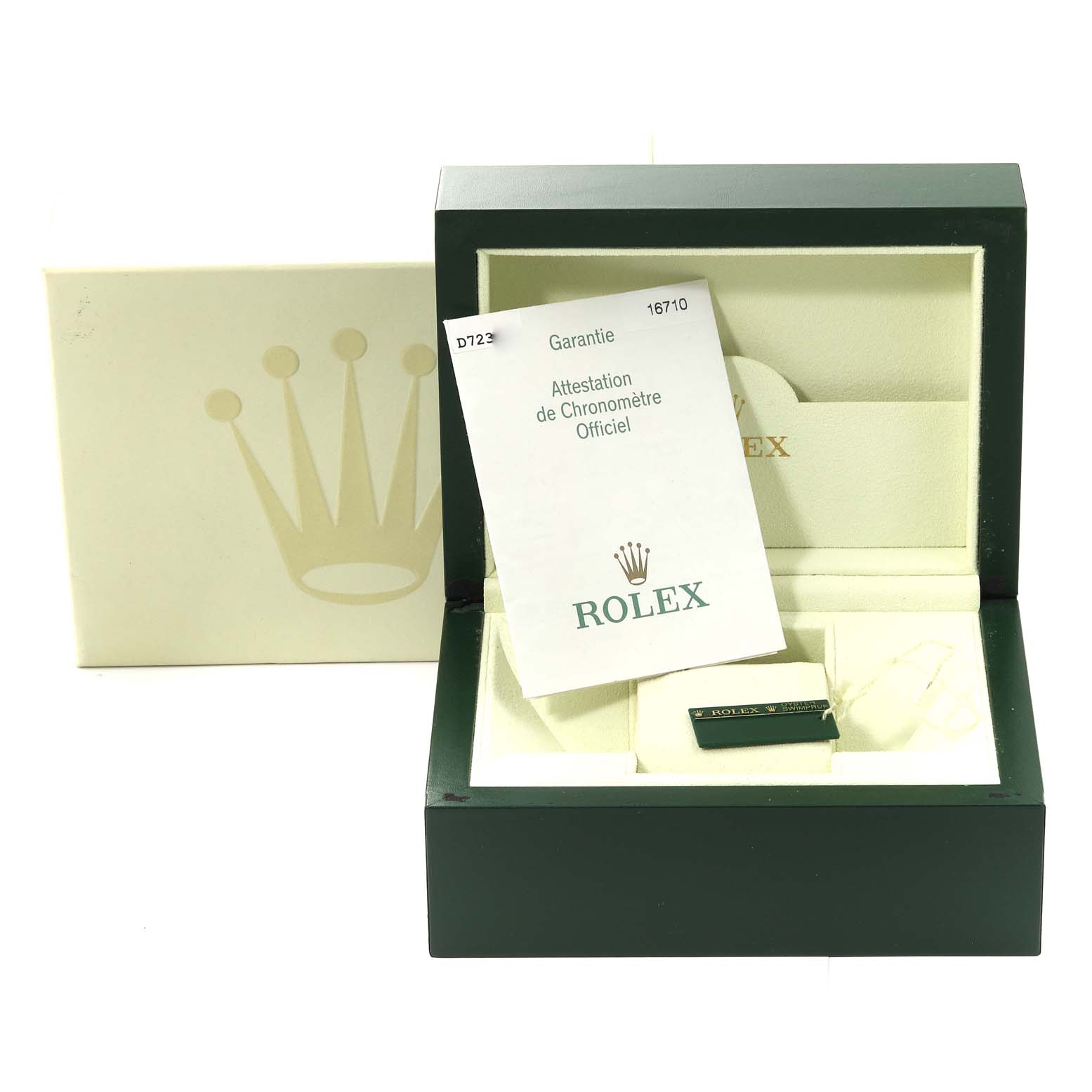 The image shows the open box and warranty card for a Rolex GMT-Master 16710 Men's Stainless Steel Black Dial 16710 Men's Stainless Steel Black Dial watch.