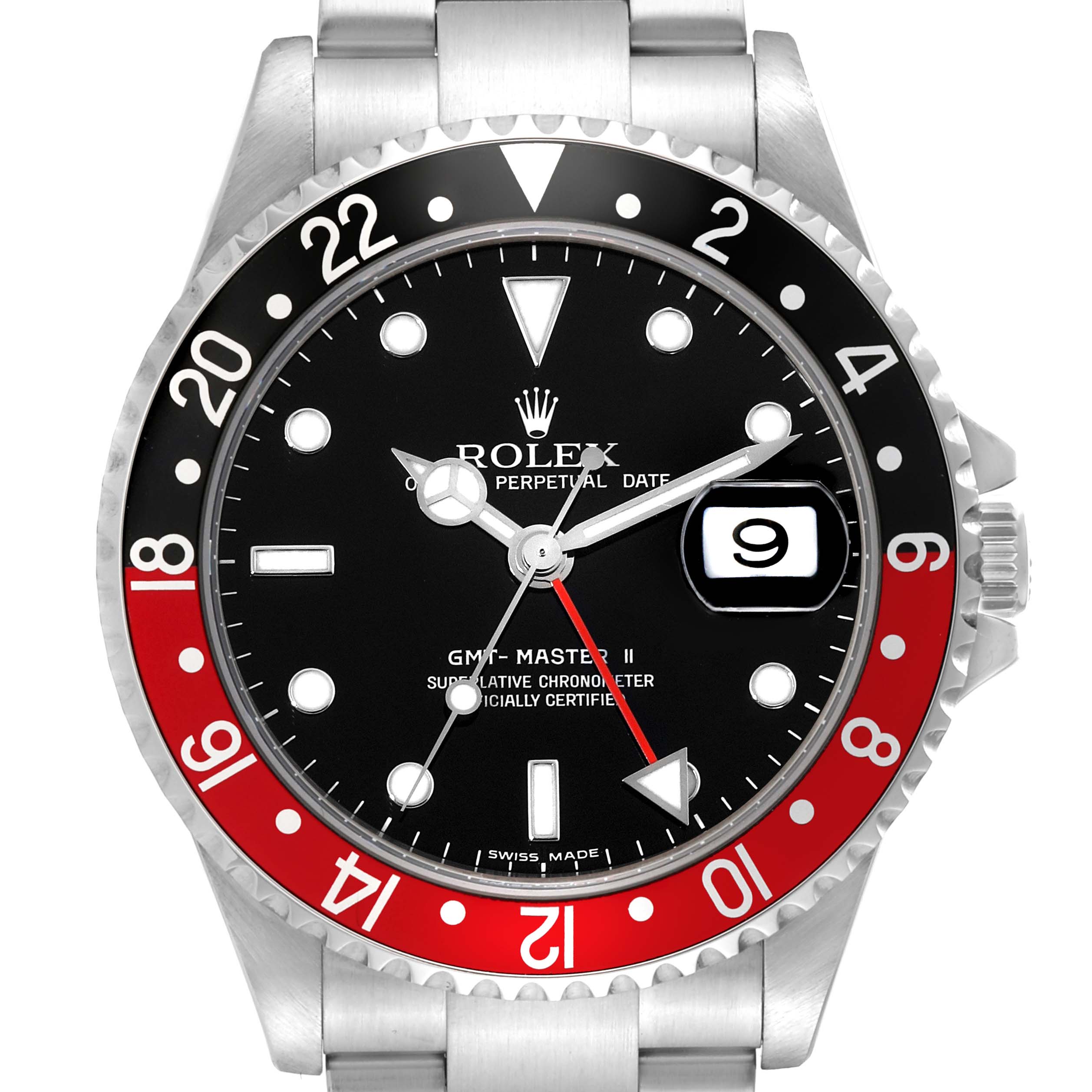 This image shows a front view of the Rolex GMT-Master 16710 Men's Stainless Steel Black Dial 16710 Men's Stainless Steel Black Dial II watch, highlighting the dial, bezel, and part of the bracelet.