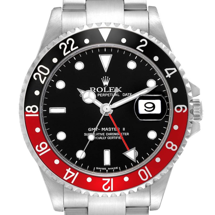 Rolex GMT Master II Black Red Coke Bezel Error Steel Mens Watch 16710 Box Papers SwissWatchExpo