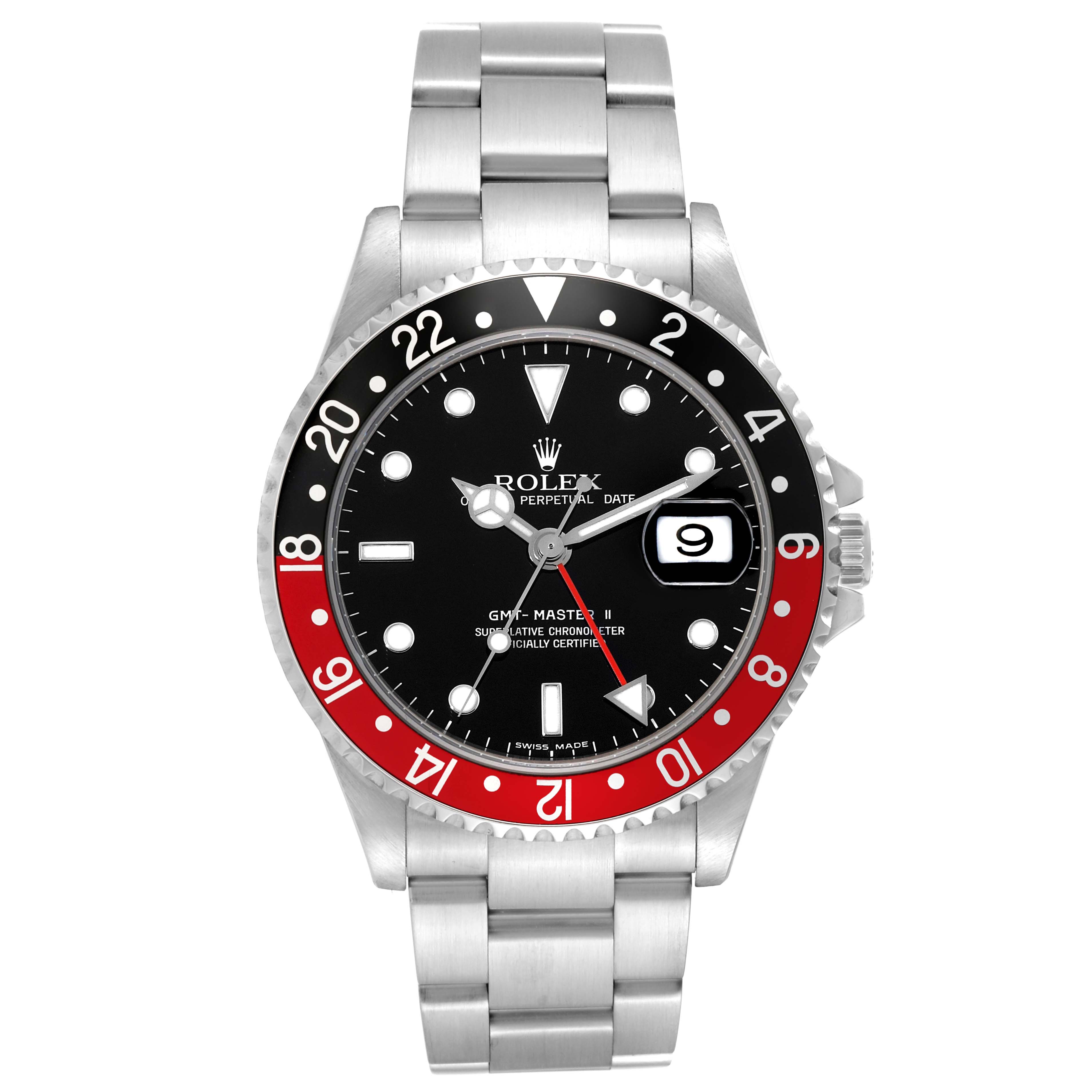 The image shows a front view of a Rolex GMT-Master 16710 Men's Stainless Steel Black Dial 16710 Men's Stainless Steel Black Dial watch displaying the dial, bezel, and bracelet.