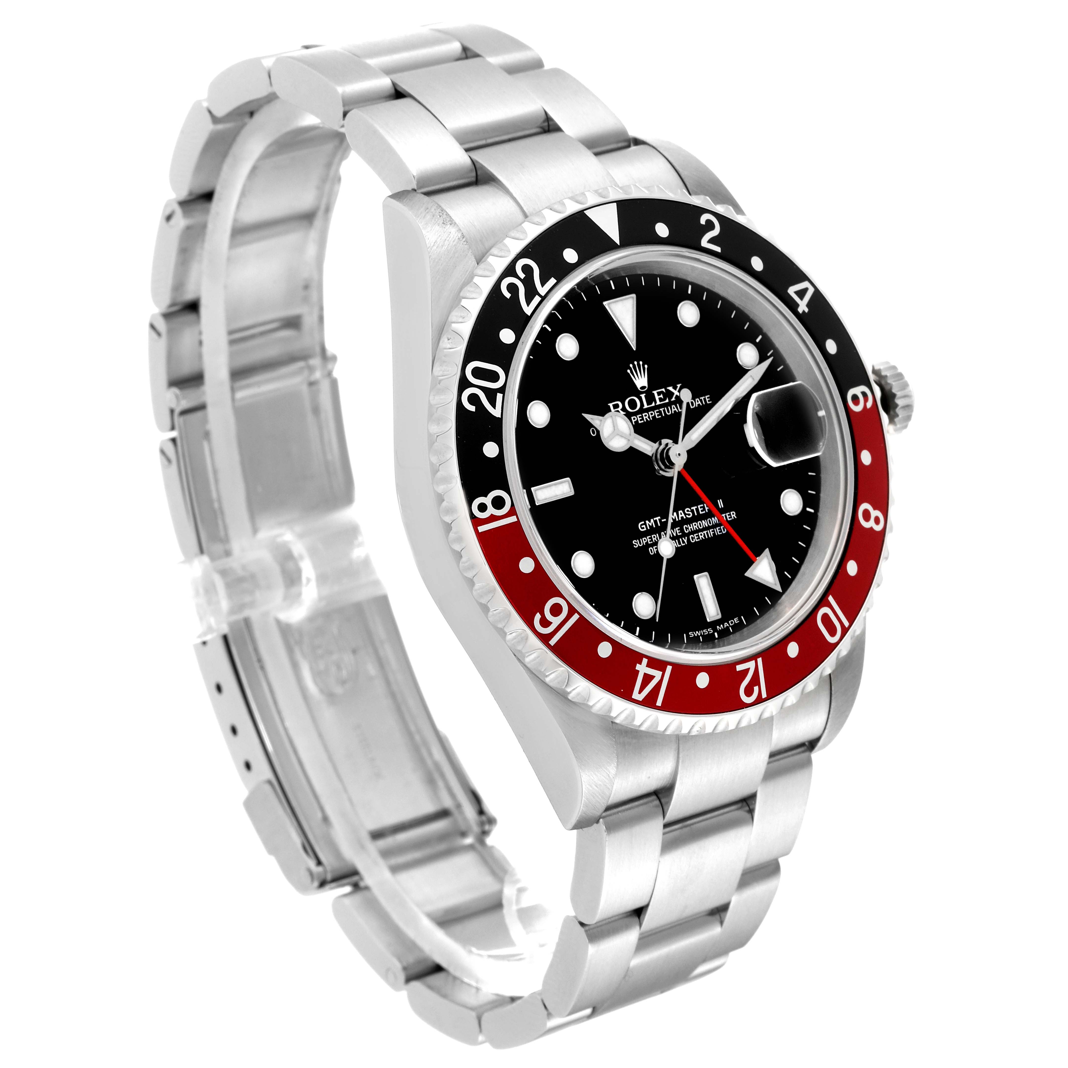 The image shows a side angle of the Rolex GMT-Master 16710 Men's Stainless Steel Black Dial 16710 Men's Stainless Steel Black Dial, highlighting its bezel, dial, bracelet, and case.