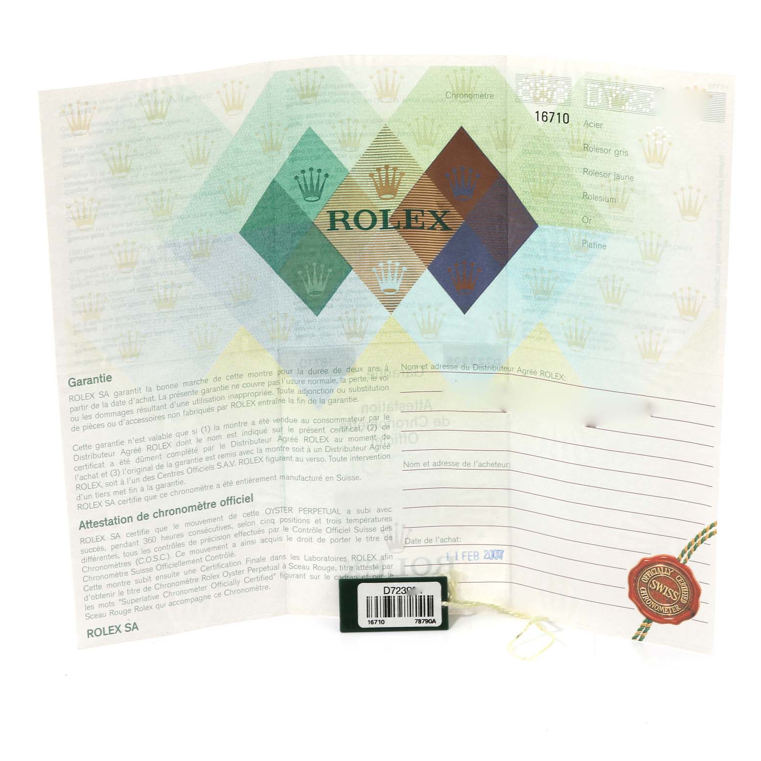 This image shows the warranty paperwork and tag for a Rolex GMT-Master 16710 Men's Stainless Steel Black Dial 16710 Men's Stainless Steel Black Dial model.