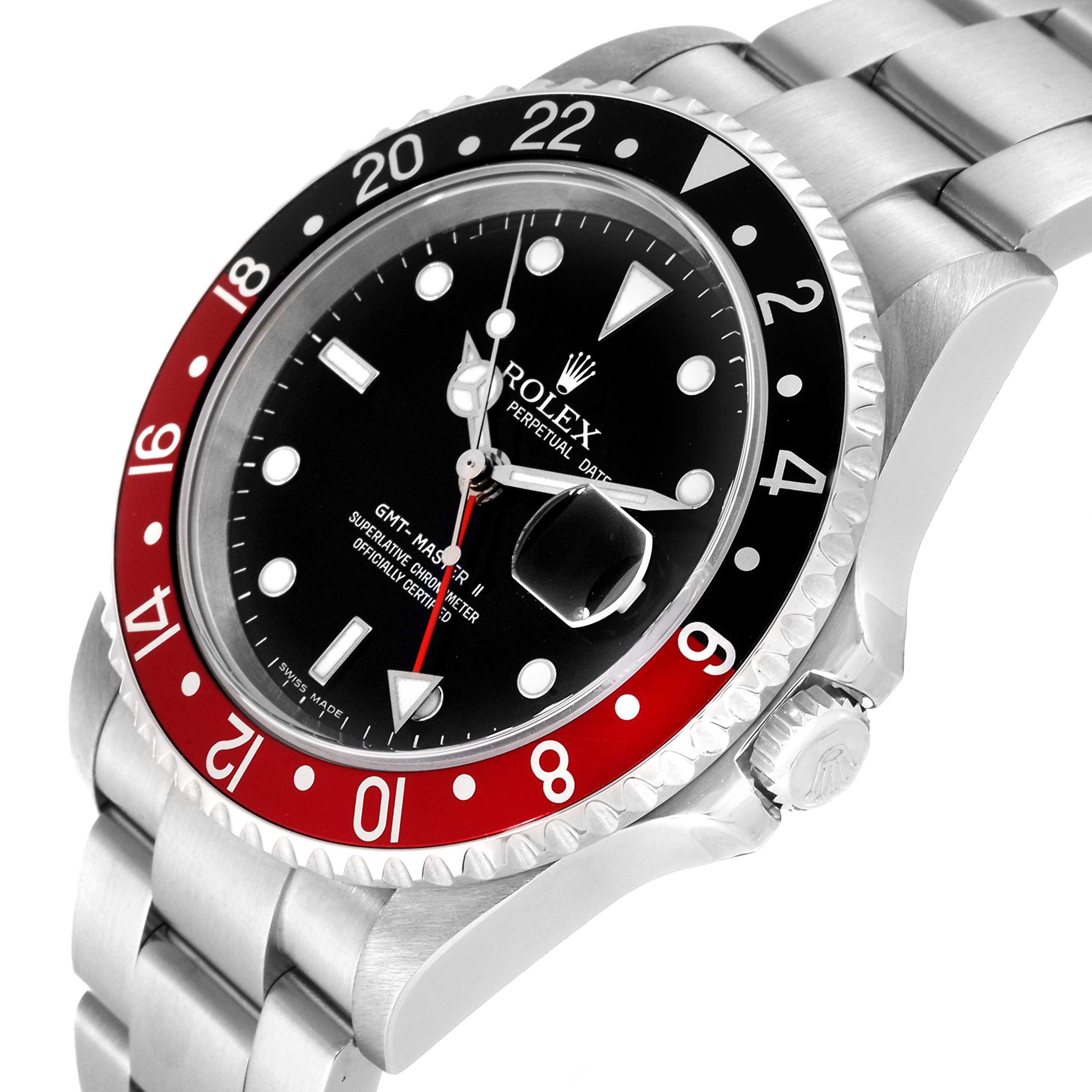 This image shows a side-angle view of a Rolex GMT-Master 16710 Men's Stainless Steel Black Dial 16710 Men's Stainless Steel Black Dial II watch with a red and black bezel and stainless steel bracelet.