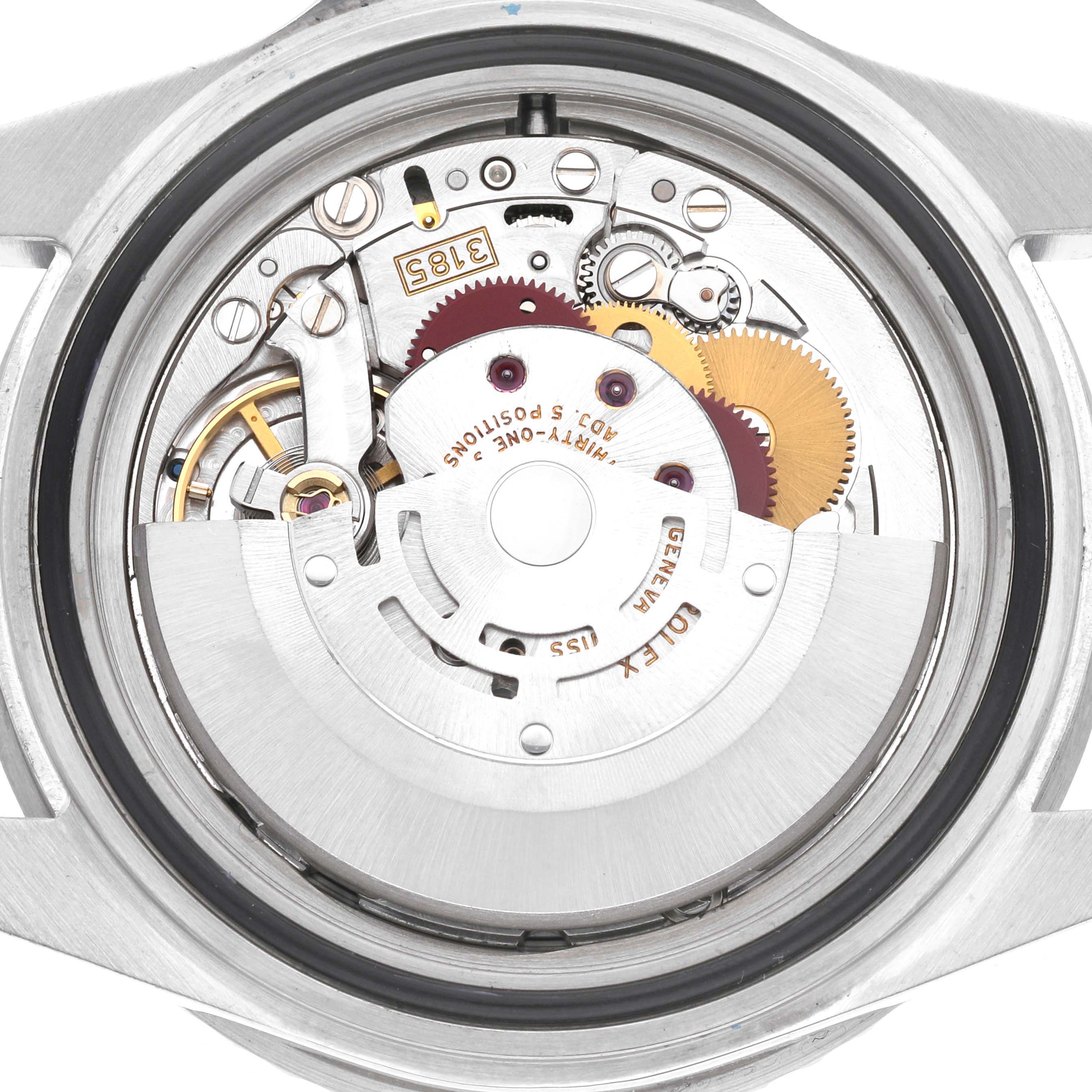 This is a close-up view of the internal movement of a Rolex GMT-Master 16710 Men's Stainless Steel Black Dial 16710 Men's Stainless Steel Black Dial watch, showcasing gears and mechanical components.