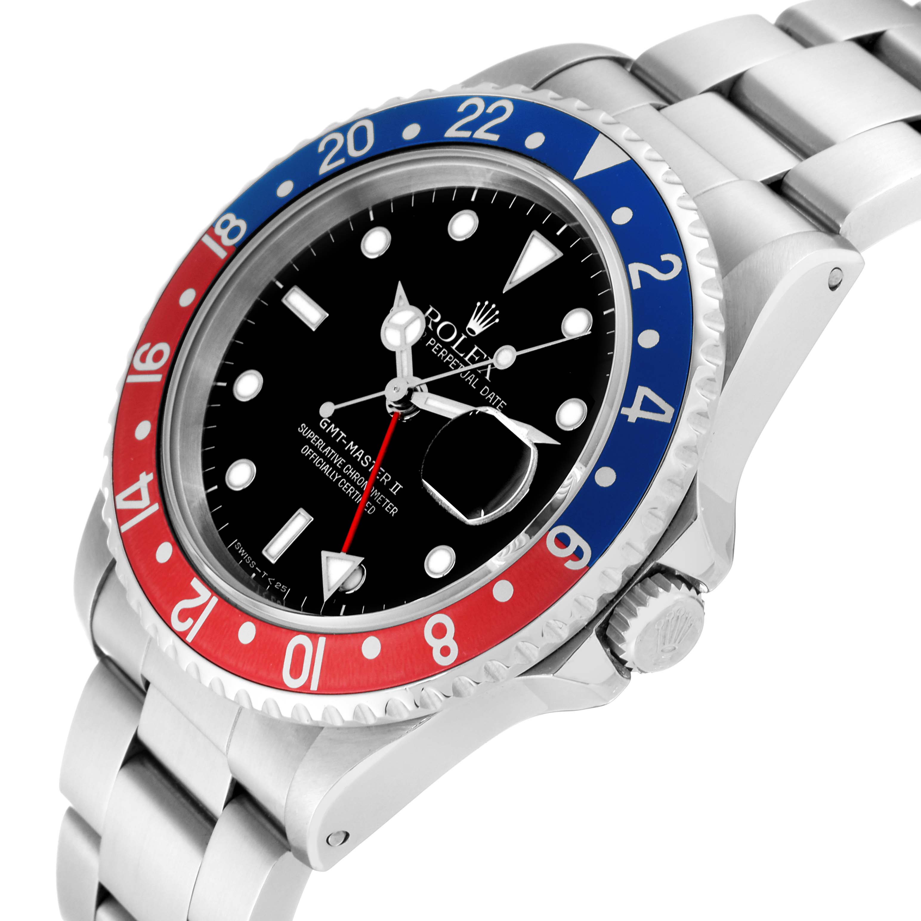 This image shows a front angle of the Rolex GMT-Master 16710 Men's Stainless Steel Black Dial 16710 Men's Stainless Steel Black Dial II, focusing on the bezel, dial, and part of the bracelet.