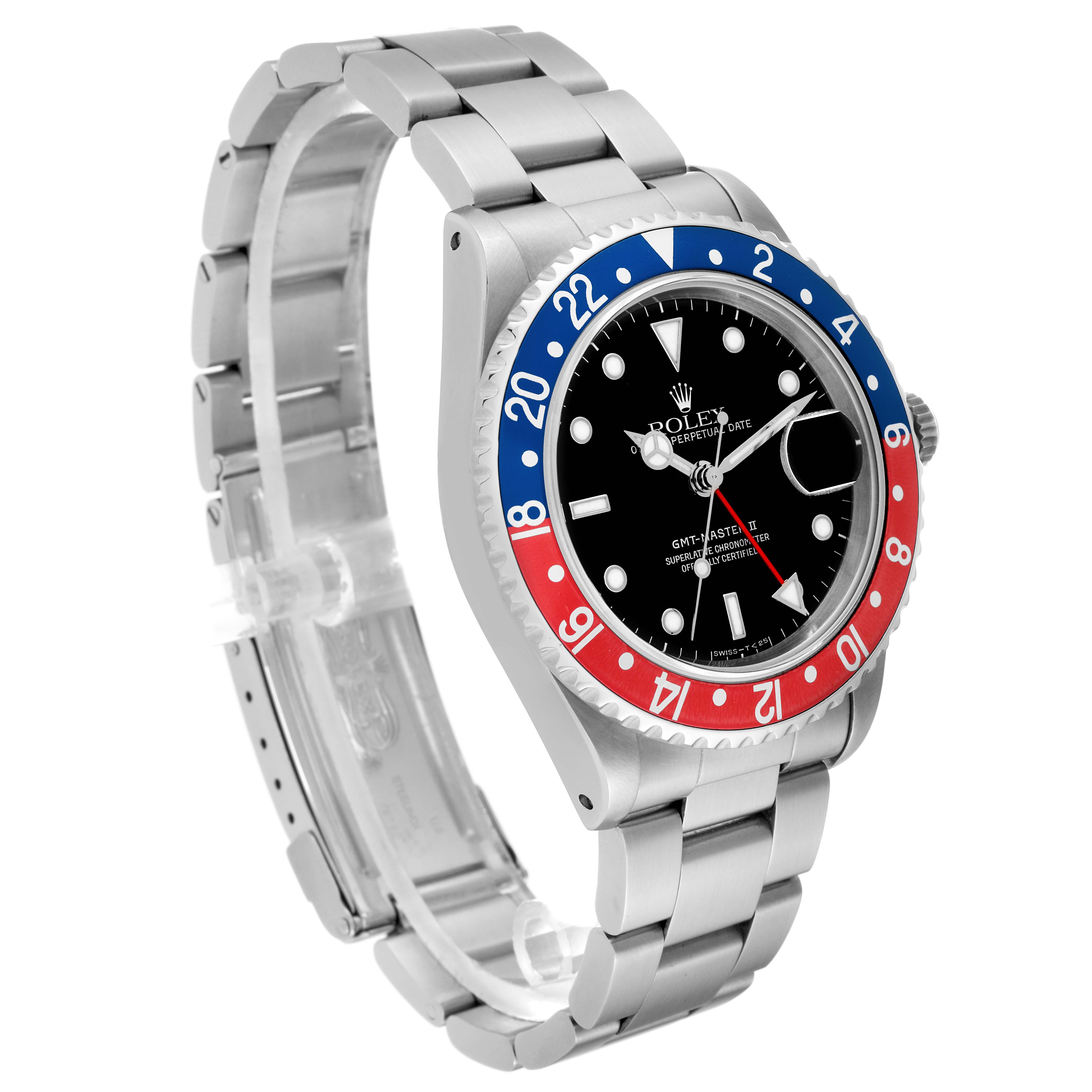 This image shows a side view of a Rolex GMT-Master 16710 Men's Stainless Steel Black Dial 16710 Men's Stainless Steel Black Dial watch, displaying its bezel, dial, and stainless steel bracelet.