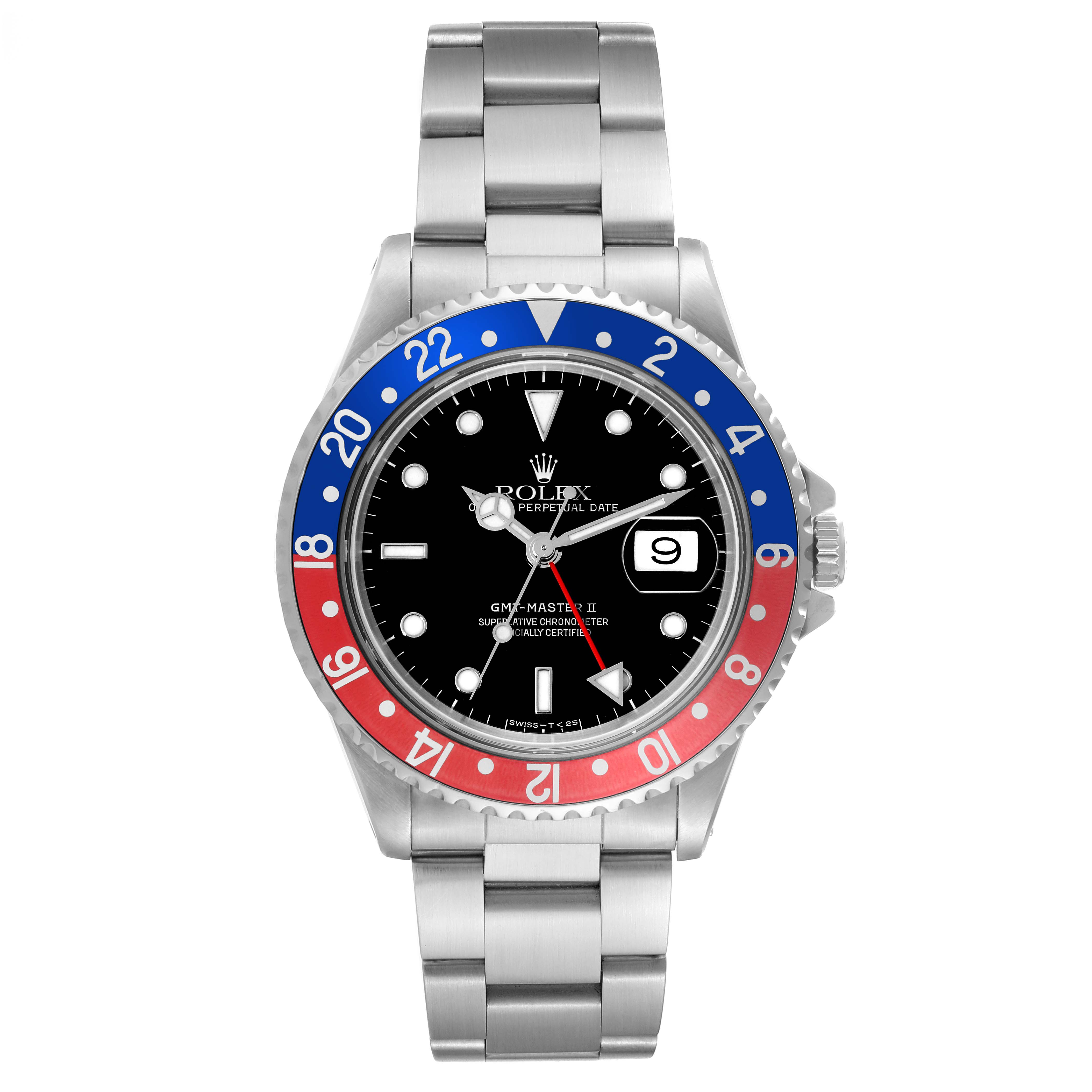 This Rolex GMT-Master 16710 Men's Stainless Steel Black Dial 16710 Men's Stainless Steel Black Dial watch is shown from a top-down angle, displaying the bezel, dial, and bracelet.
