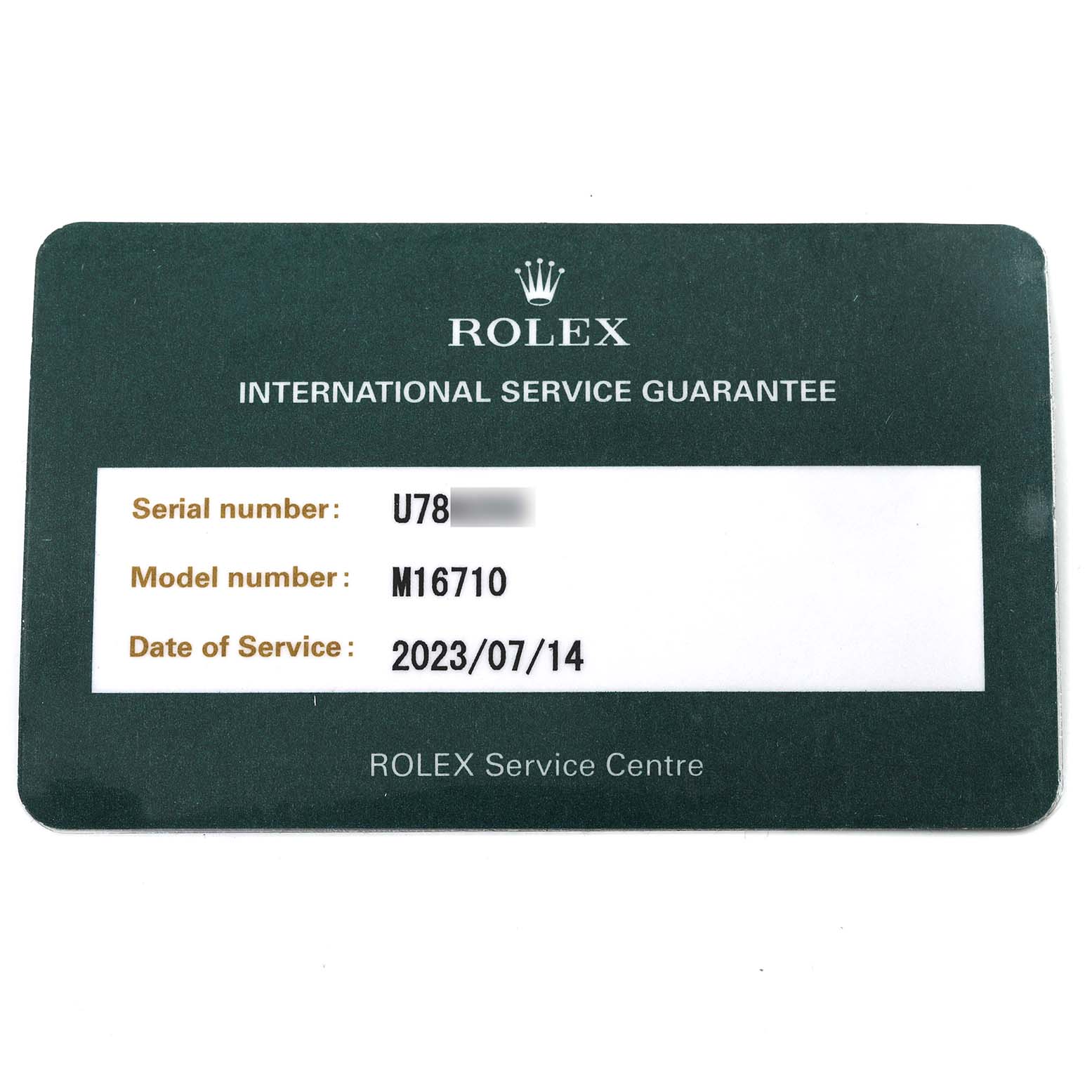 This is an international service guarantee card for the Rolex GMT-Master 16710 Men's Stainless Steel Black Dial 16710 Men's Stainless Steel Black Dial model number M16710.