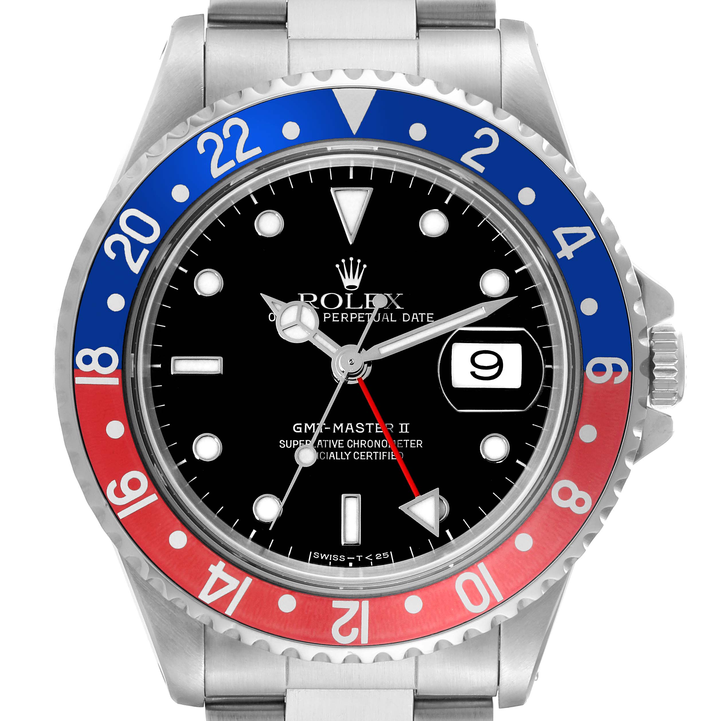 The image shows a front view of a Rolex GMT-Master 16710 Men's Stainless Steel Black Dial 16710 Men's Stainless Steel Black Dial II watch, highlighting its black dial, two-tone bezel, and date window.