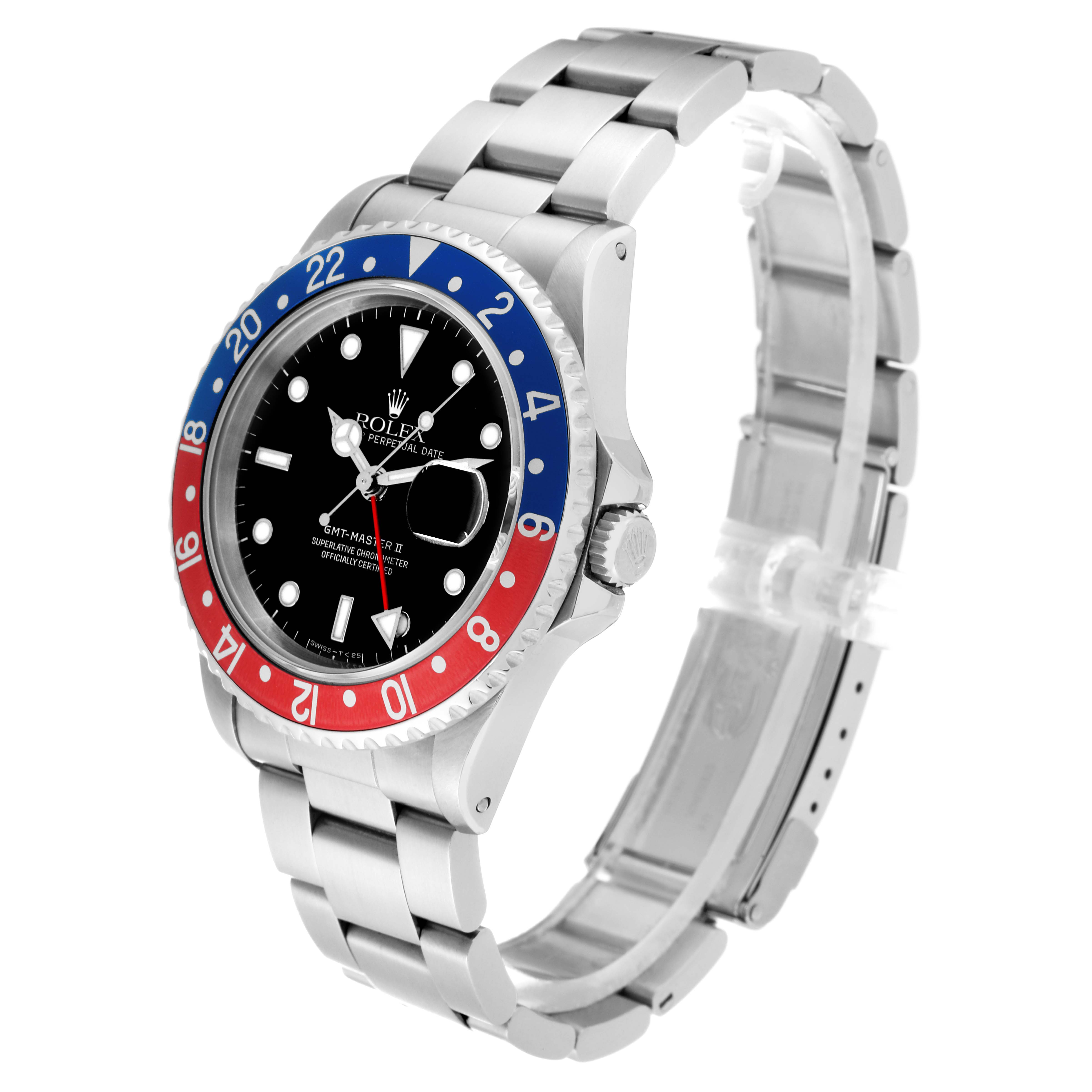 The image shows a Rolex GMT-Master 16710 Men's Stainless Steel Black Dial 16710 Men's Stainless Steel Black Dial II watch at a three-quarter angle, displaying its face, bezel, crown, and bracelet.