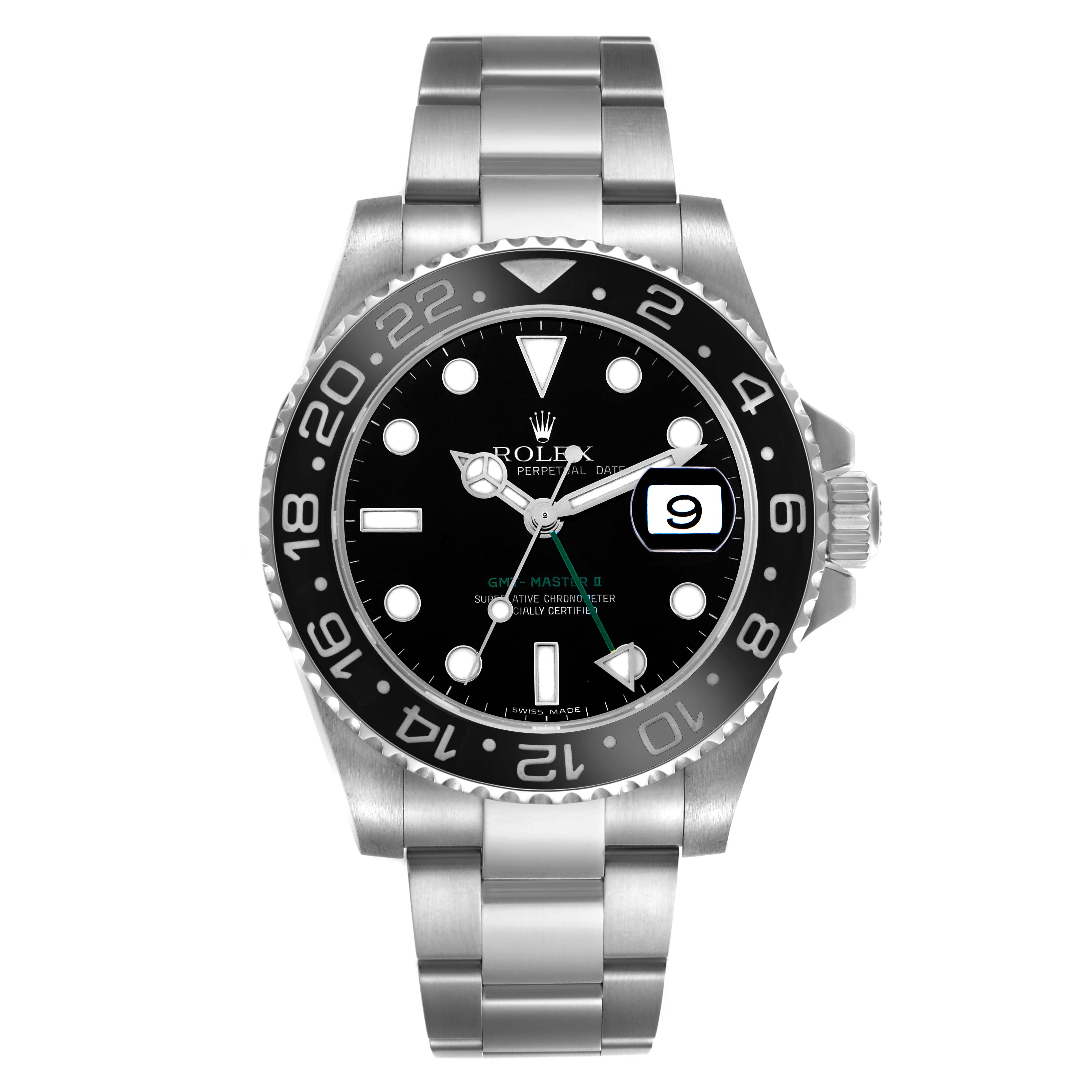 The Rolex GMT-Master 116710 Men
s Stainless Steel Black Dial 116710 Men
s Stainless Steel Black Dial watch is shown from the front, displaying the face, bezel, hands, date, and bracelet.