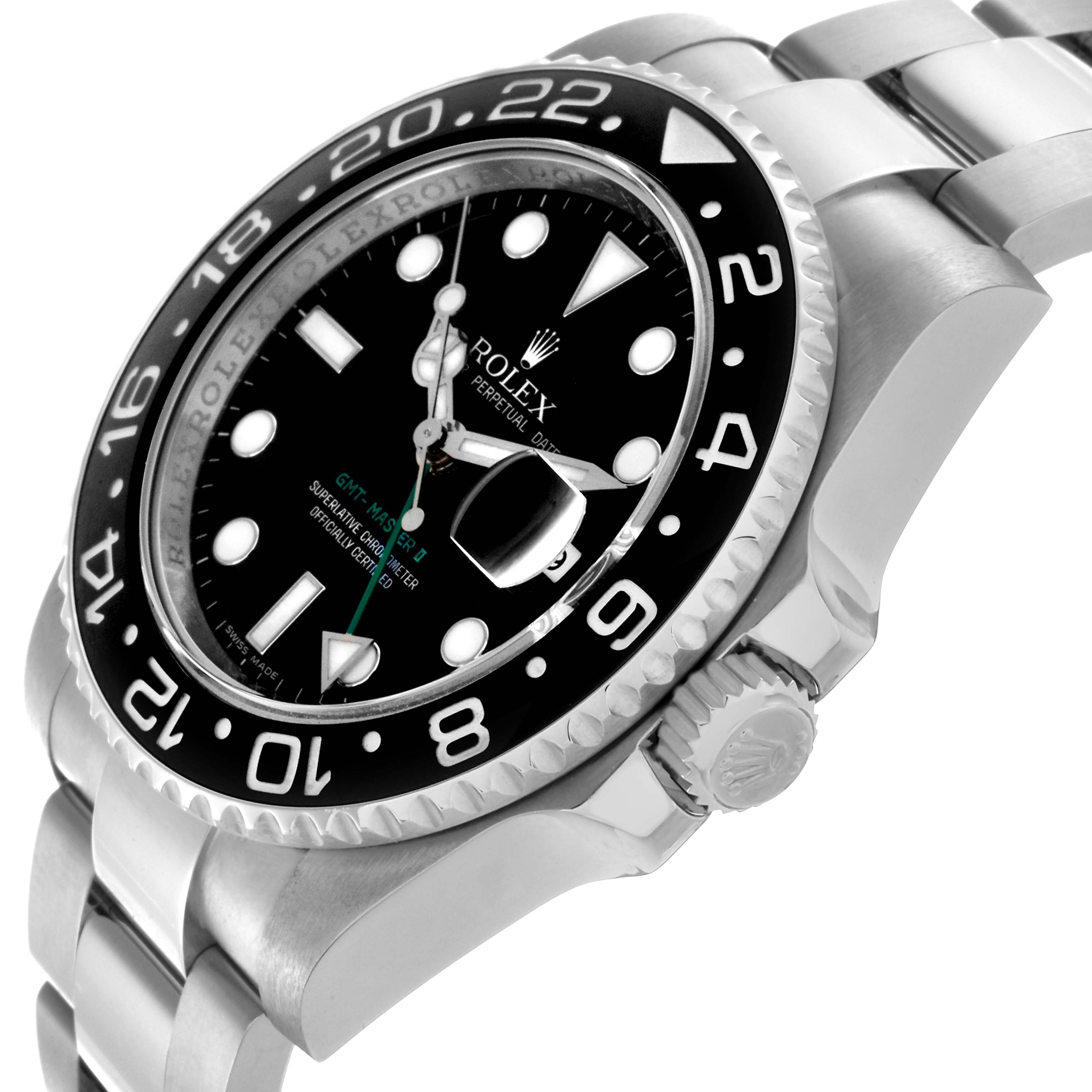The Rolex GMT-Master 116710 Men
s Stainless Steel Black Dial 116710 Men
s Stainless Steel Black Dial watch is shown from a side angle, highlighting the bezel, face, crown, and bracelet.